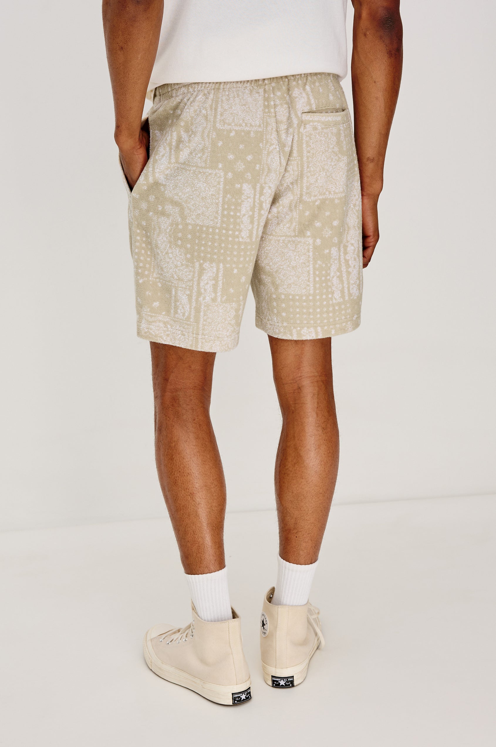 Nova Pull on Short with Drawstring and Elastic Waistband, back pocket and side pockets in Bandana Craft Paper Colorway. Back View Shown on Model.