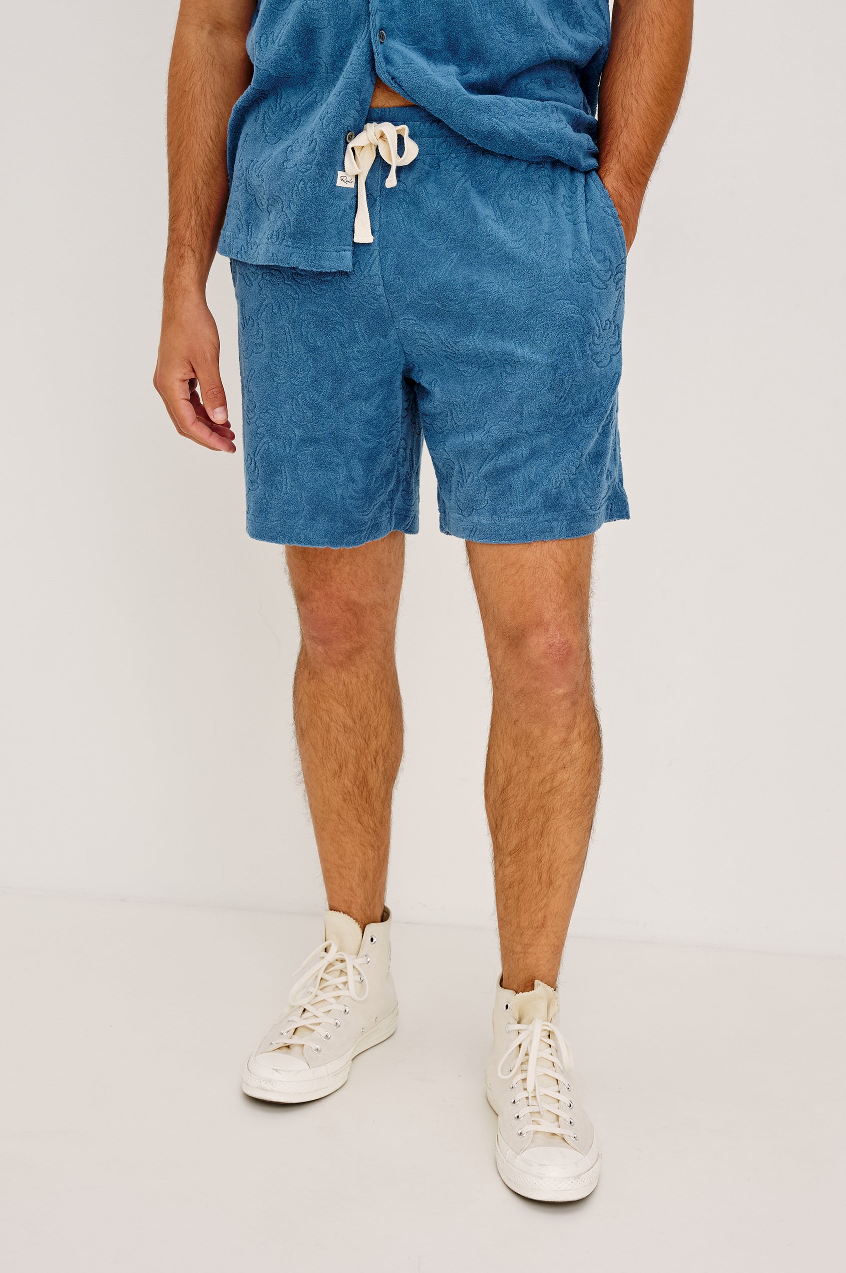 Nova Short in French Terry With Raised Jacquard Pattern, Side Pockets, and Drawstring Waist Ties in Royal Palm Colorway - Lower Body Front View Featured on Model