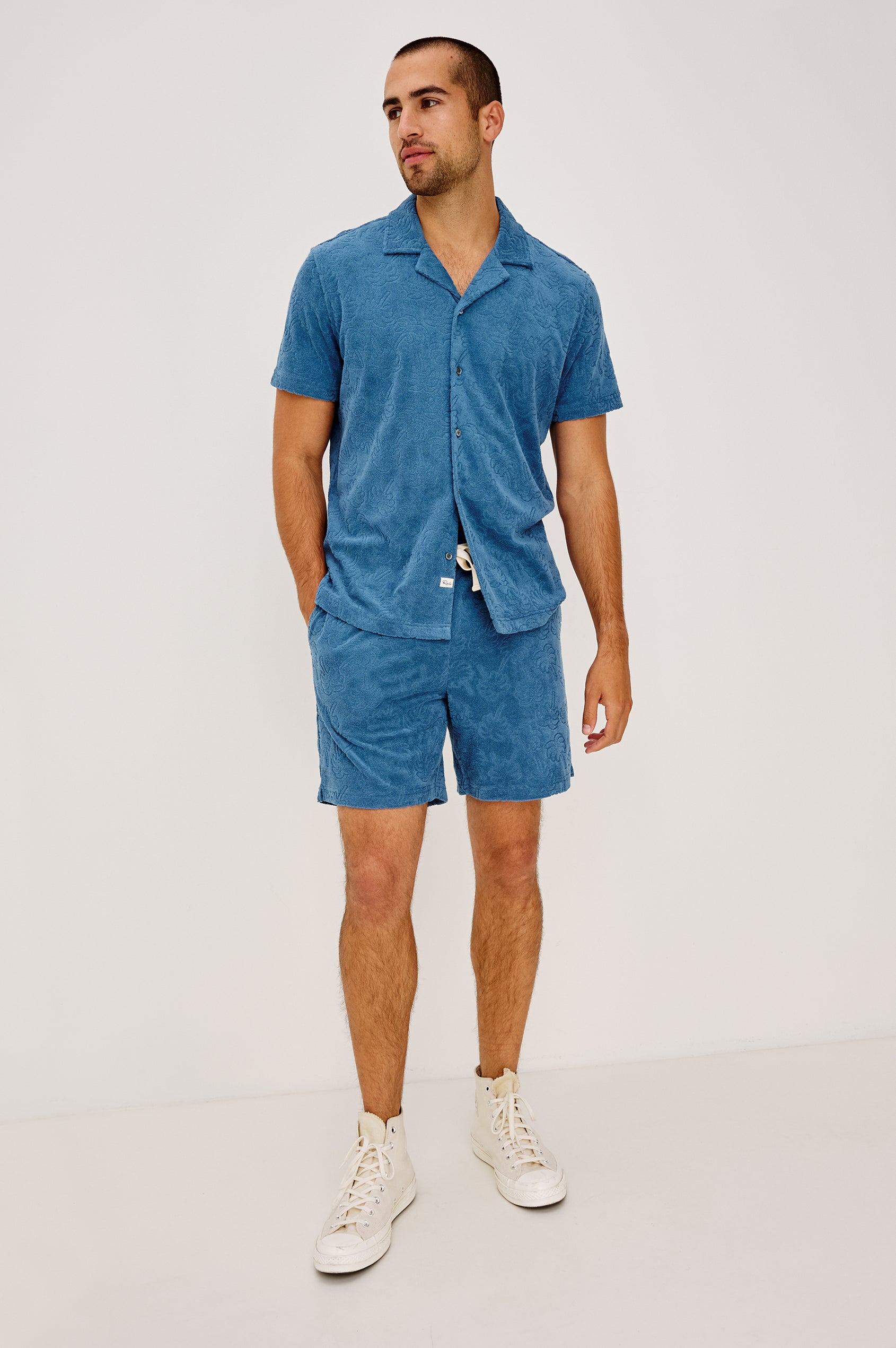 Nova Short in French Terry With Raised Jacquard Pattern, Side Pockets, and Drawstring Waist Ties in Royal Palm Colorway - Full Body Front View Featured on Model