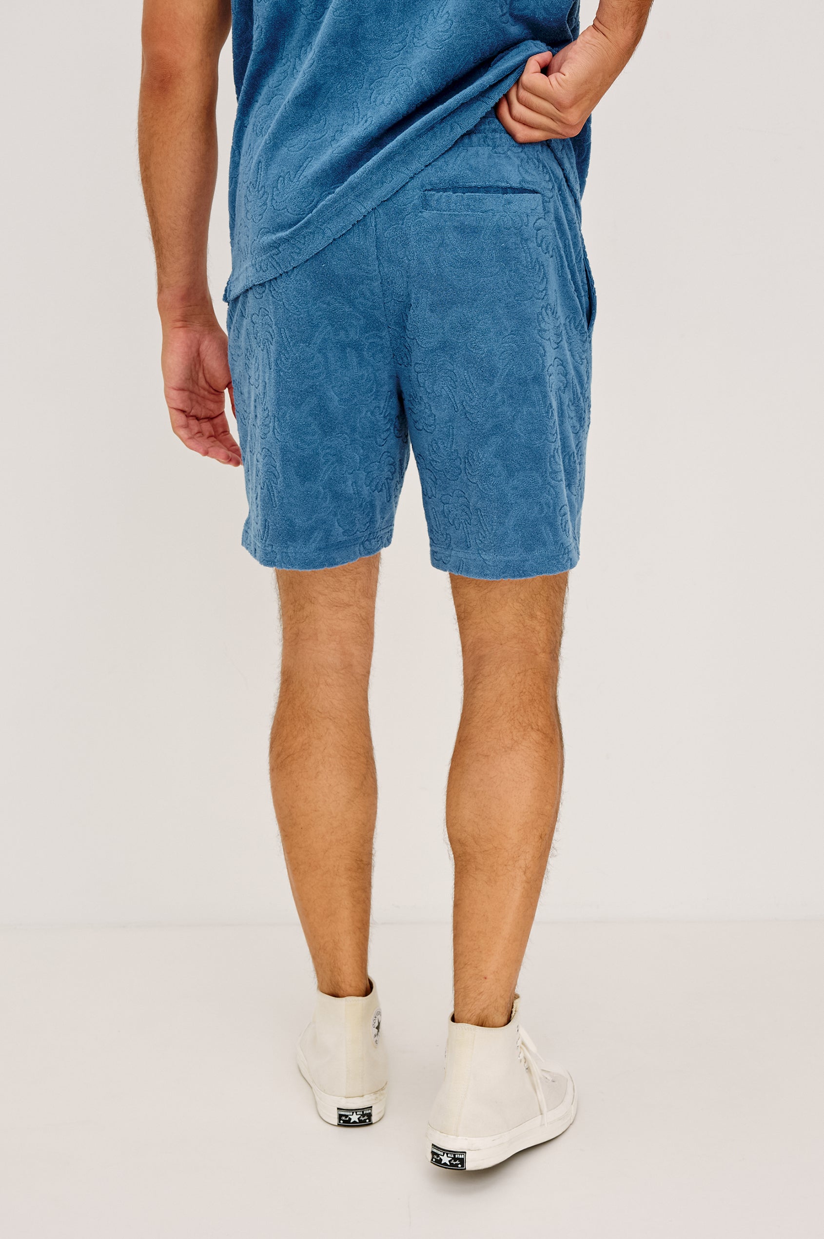 Nova Short in French Terry With Raised Jacquard Pattern, Side Pockets, and Drawstring Waist Ties in Royal Palm Colorway - Lower Body Back View Featured on Model