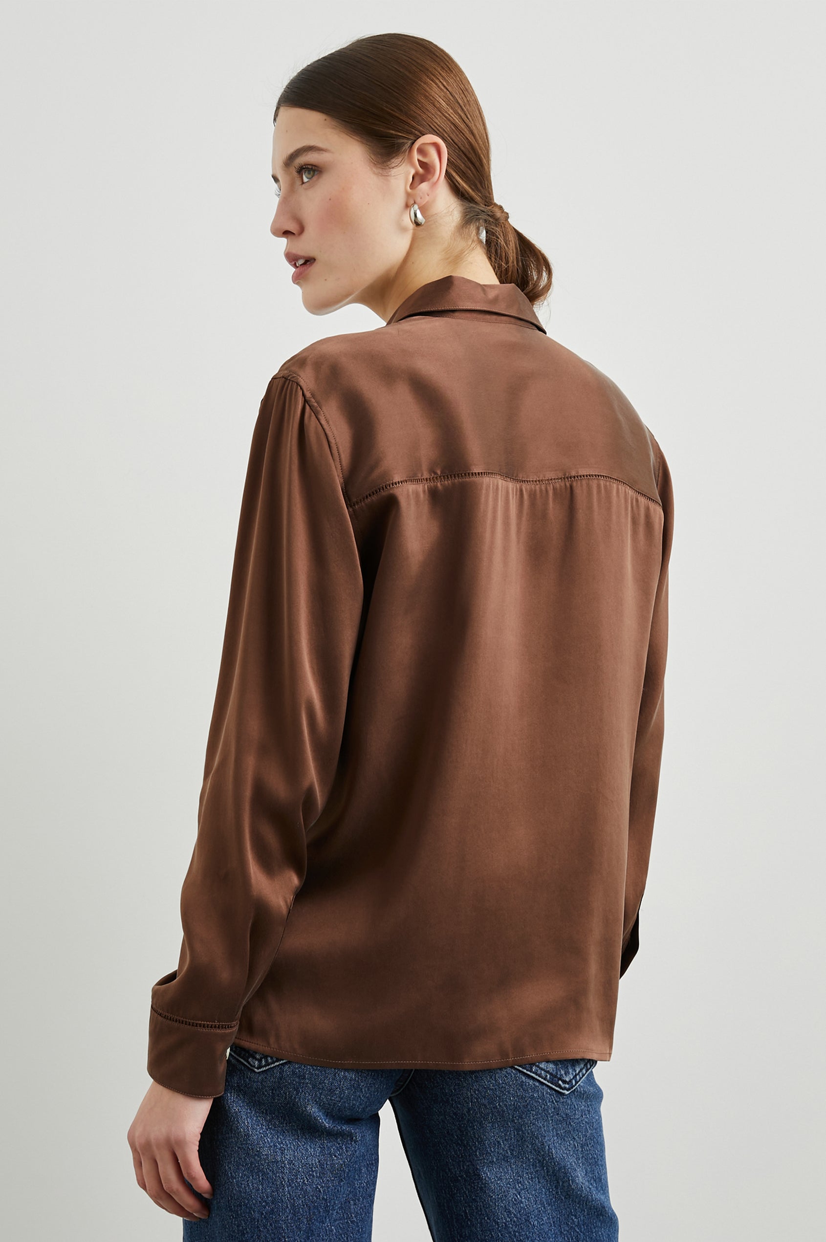 Oak Long-Sleeve Button Up with a Chest Patch Pocket in Espresso Colorway - Back View Featured on Model