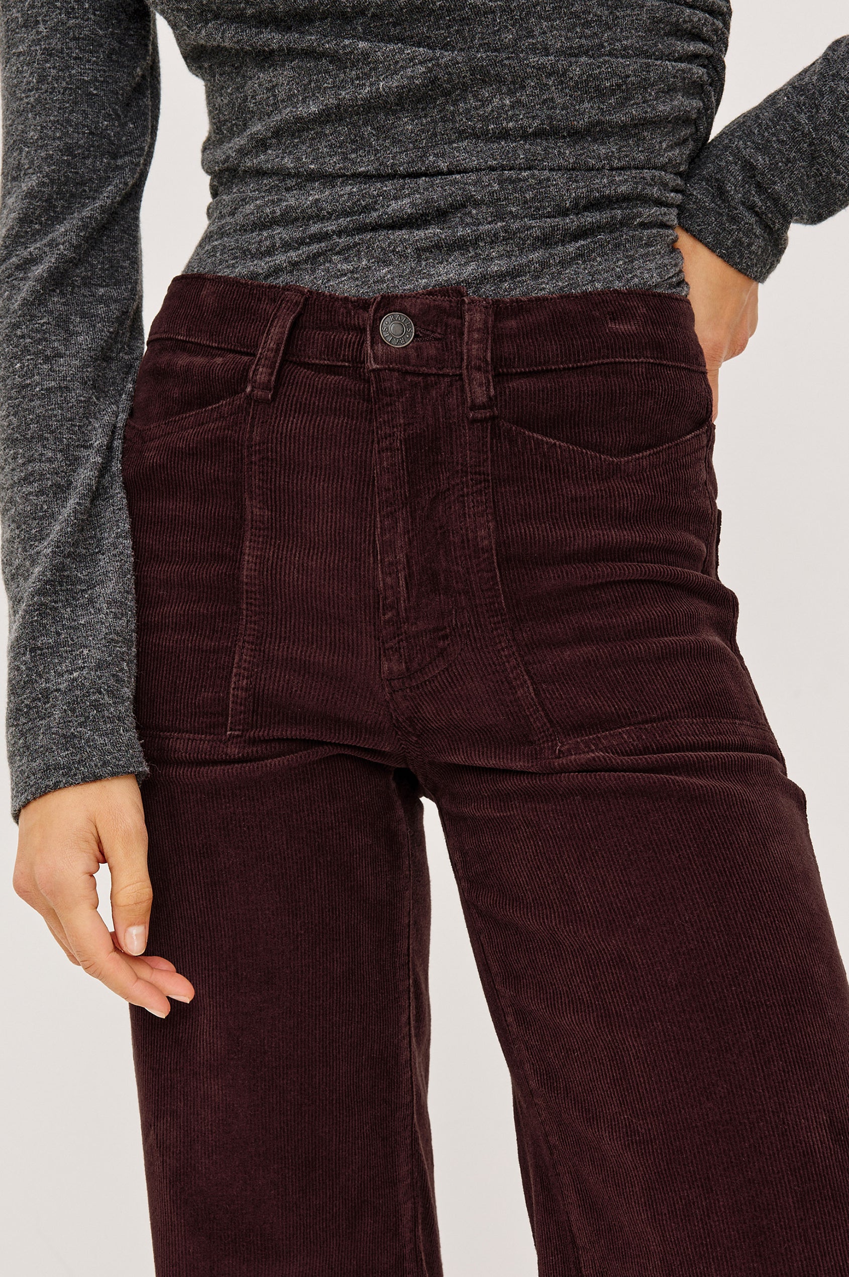 Olivos Palazzo Jean in Super Stretch Denim With High-Rise, Wide Legs, 5-Pockets, and Zip Fly in Hickory Colorway - Mid Body Front View Featured on Model