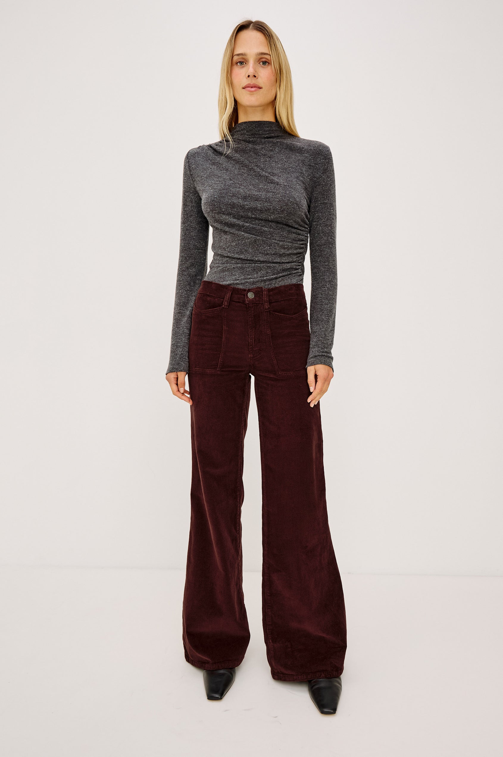 Olivos Palazzo Jean in Super Stretch Denim With High-Rise, Wide Legs, 5-Pockets, and Zip Fly in Hickory Colorway - Full Body Front View Featured on Model