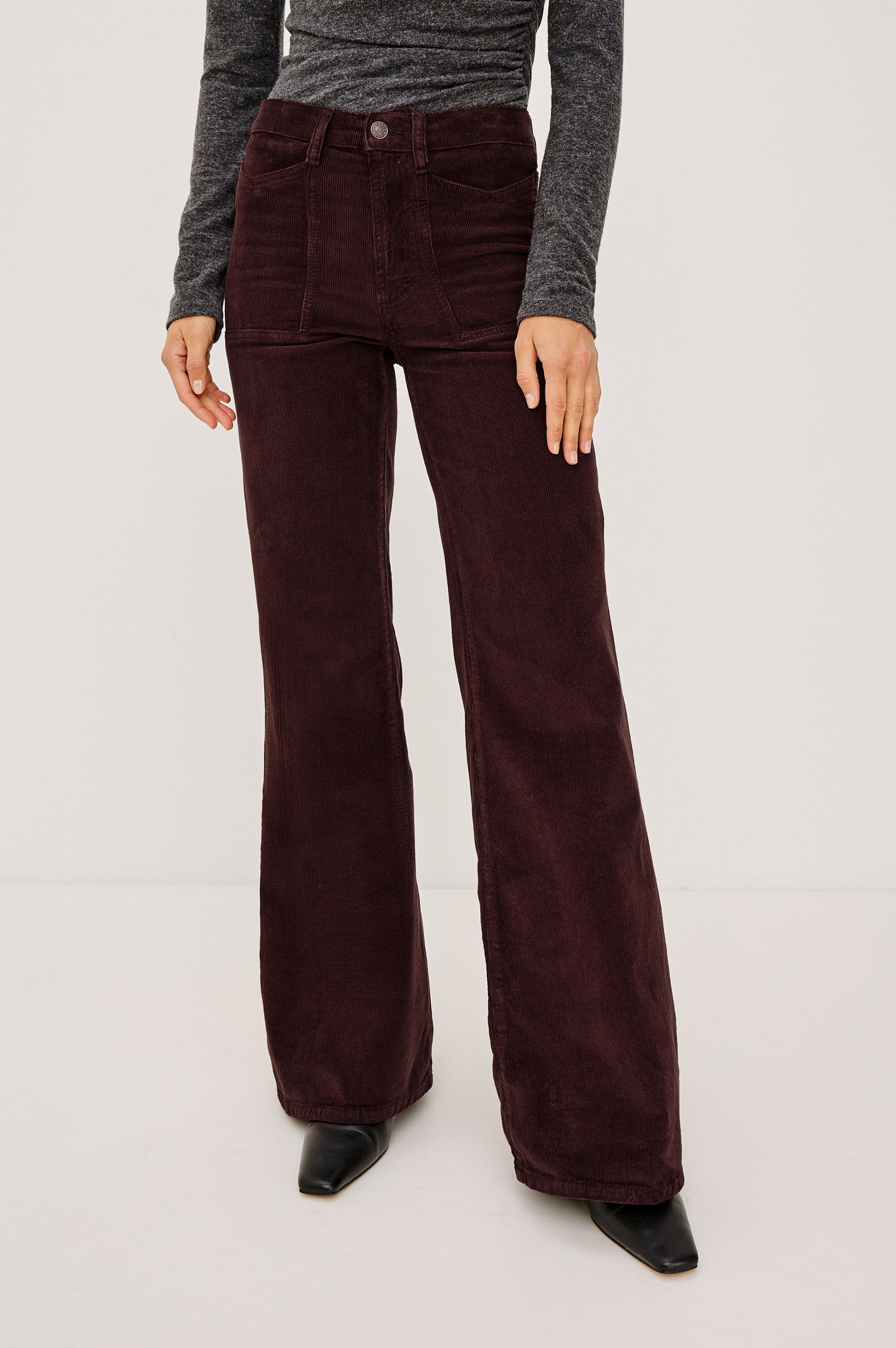 Olivos Palazzo Jean in Super Stretch Denim With High-Rise, Wide Legs, 5-Pockets, and Zip Fly in Hickory Colorway - Lower Body Front View Featured on Model