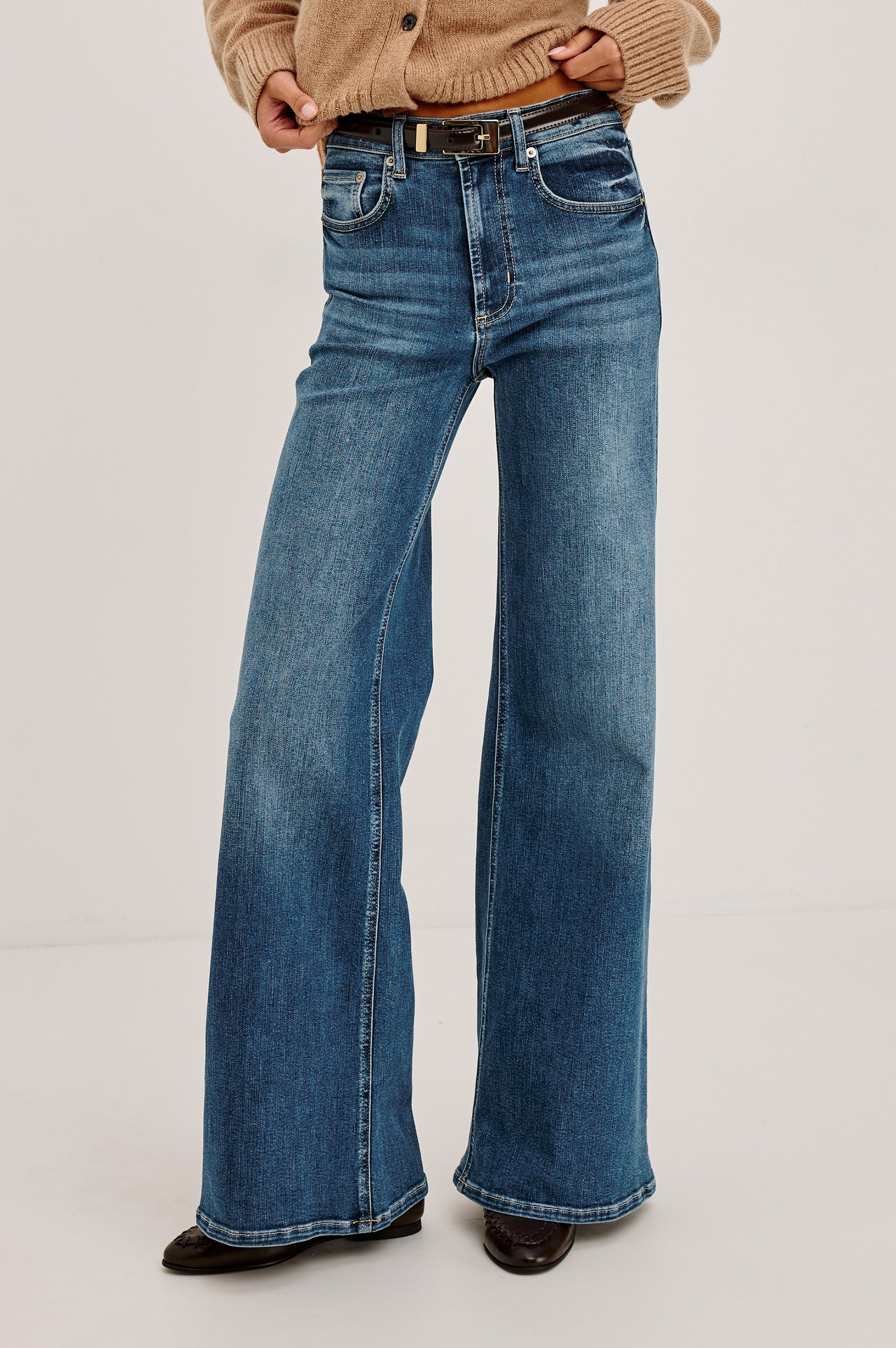 Olivos Palazzo Jean in Super Stretch Denim With High-Rise, Wide Legs, 5-Pockets, and Zip Fly in Lagoon Colorway - Lower Body Front View Featured on Model