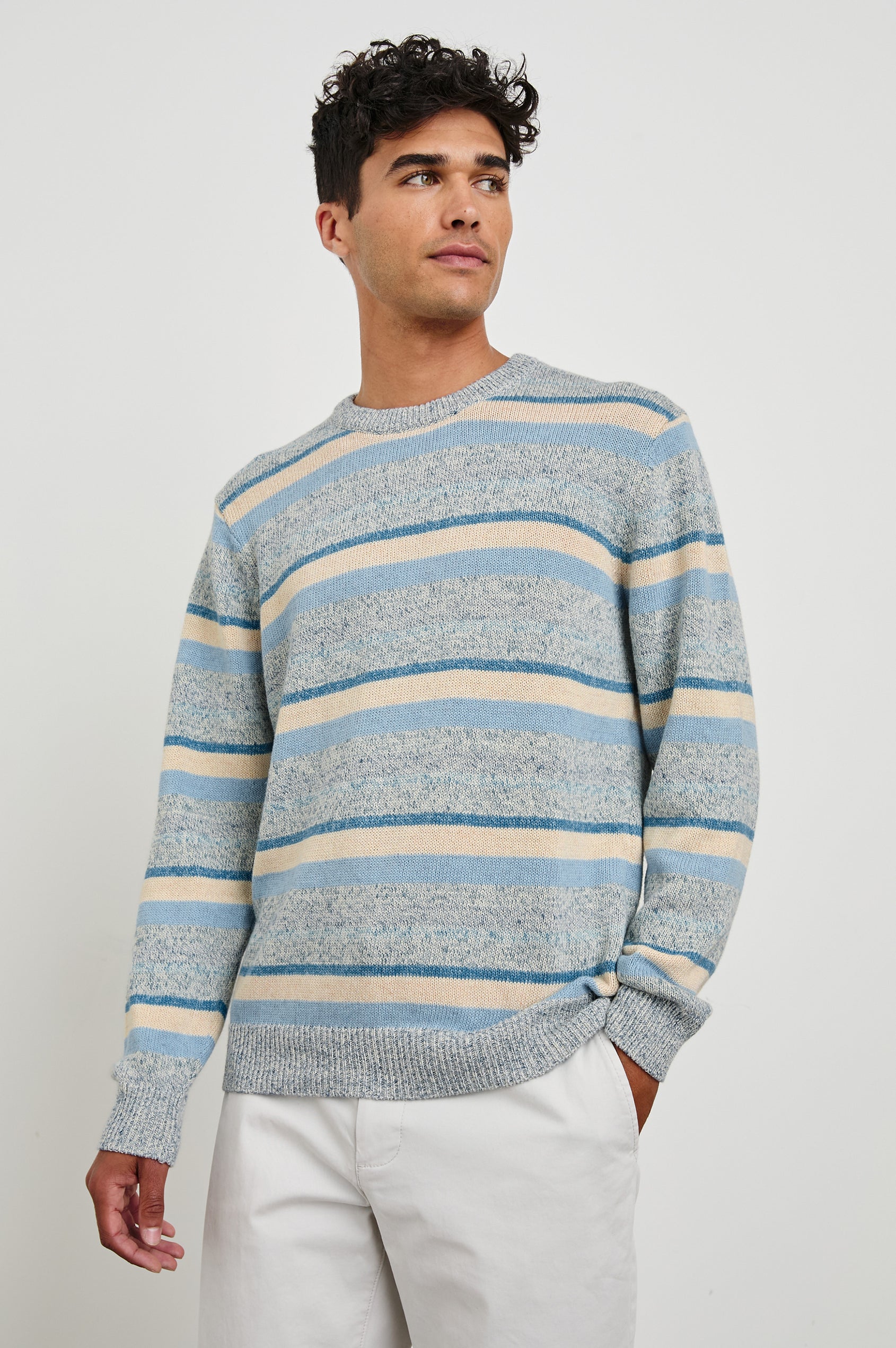 Olsen cotton-linen blend crewneck sweater in Blue Stripe - front view on model, looking to the side