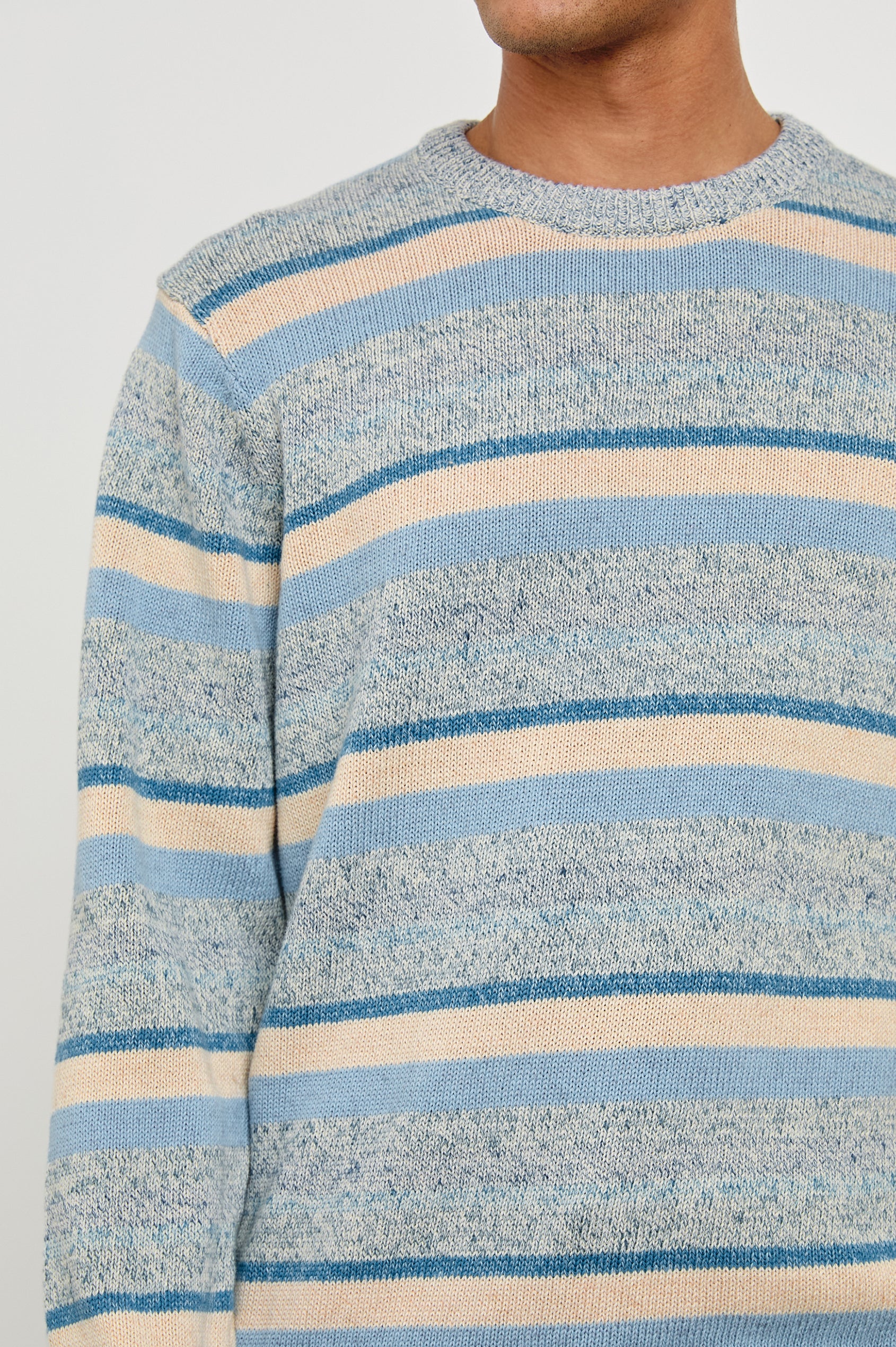Olsen cotton-linen blend crewneck sweater in Blue Stripe - close up view of details on model