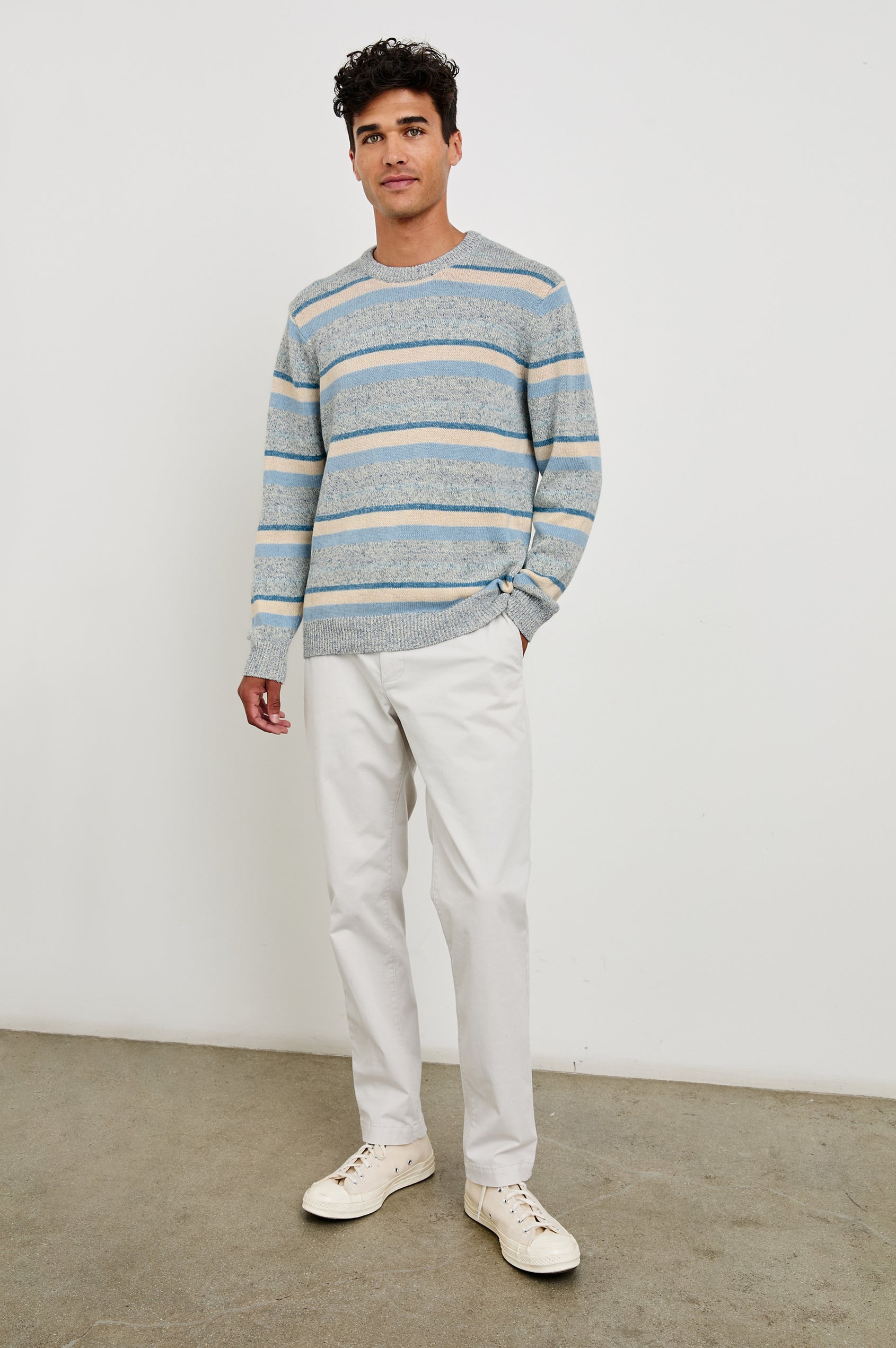 Olsen cotton-linen blend crewneck sweater in Blue Stripe - full front body view on model