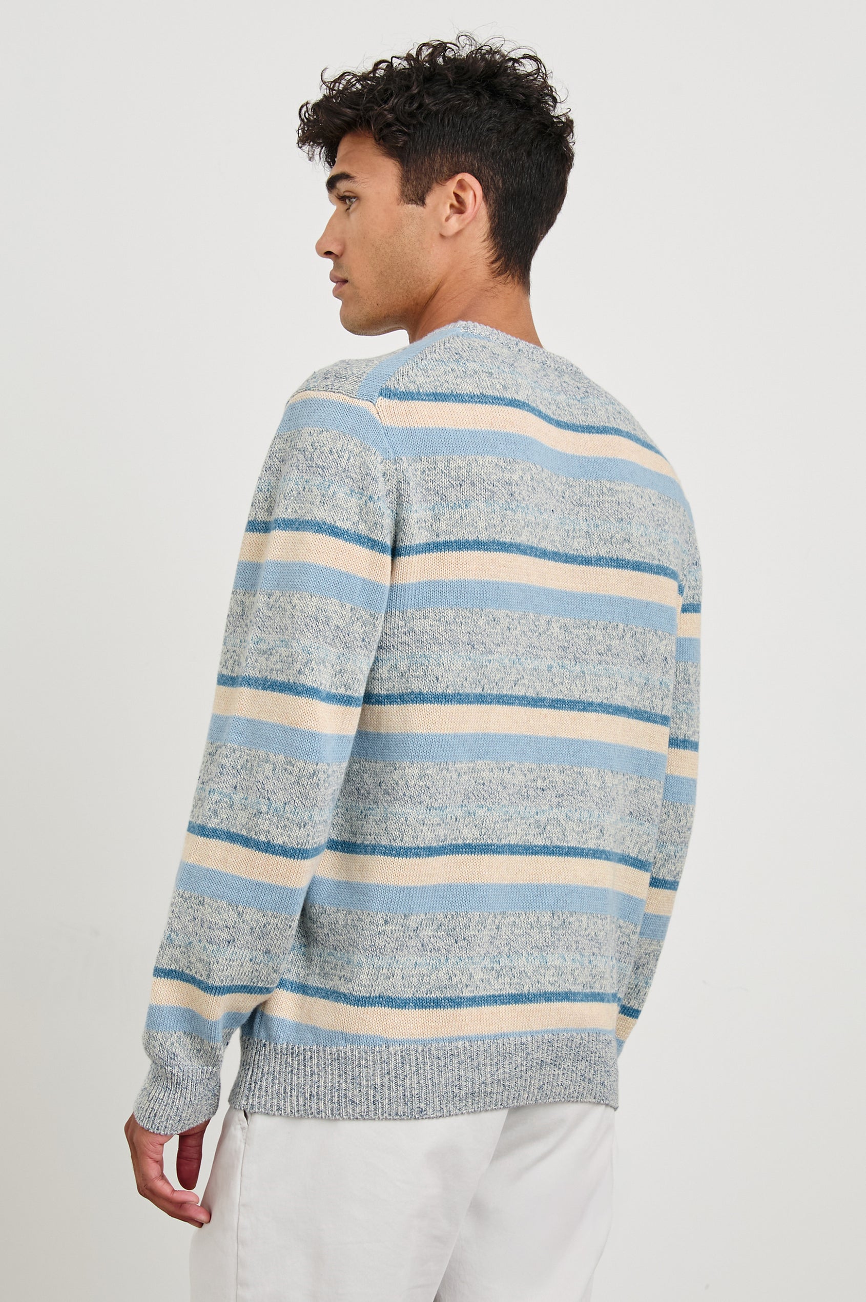 Olsen cotton-linen blend crewneck sweater in Blue Stripe - back view on model