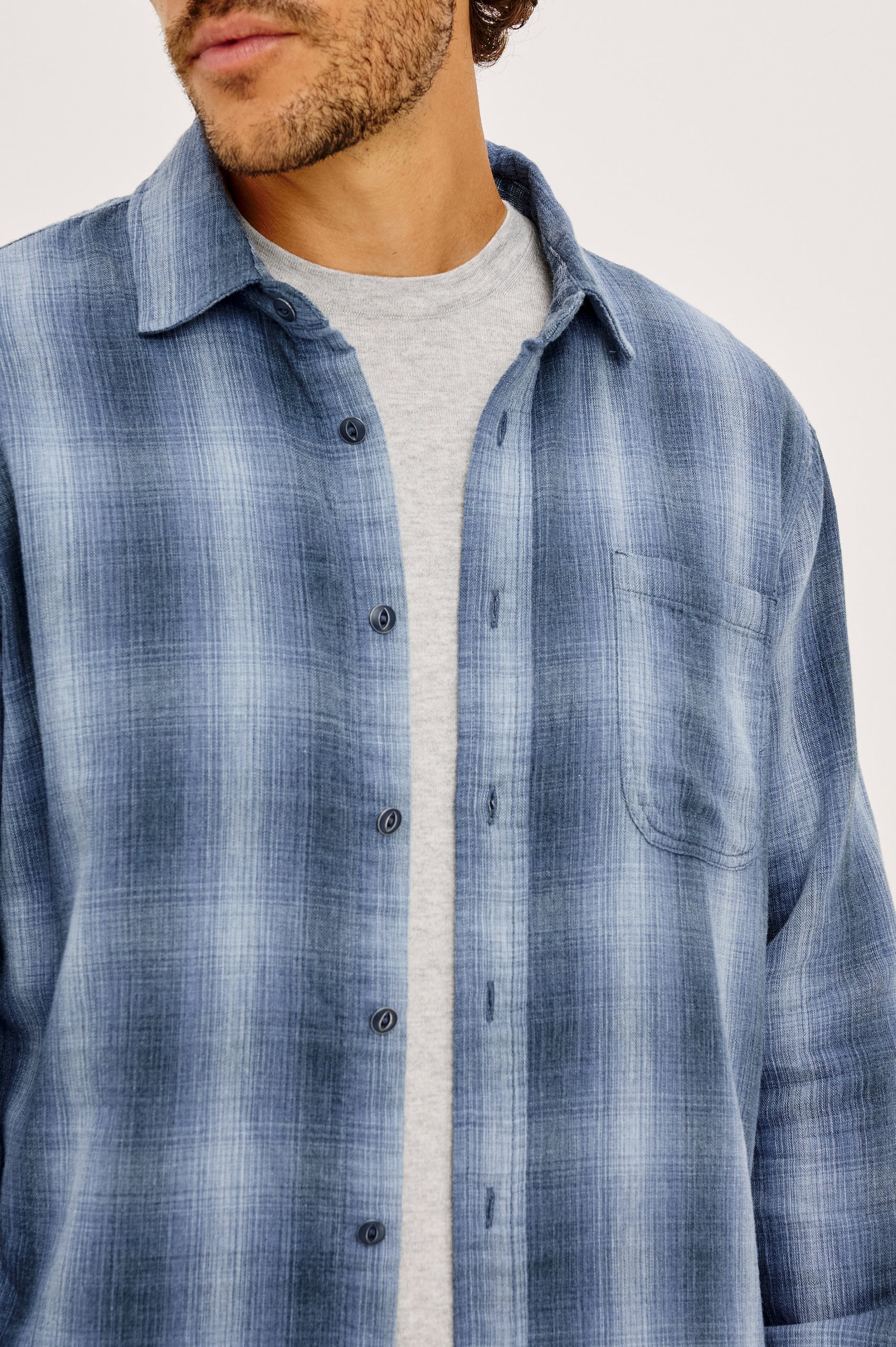 Owens Shirt in Soft Double-Face Cotton With Contrast-Print Reverse, Relaxed Fit, Spread Collar, Button Front, Chest Patch Pocket, and Straight Hem in Blue Mist Shadow Colorway - Upper Body Front View Featured on Model