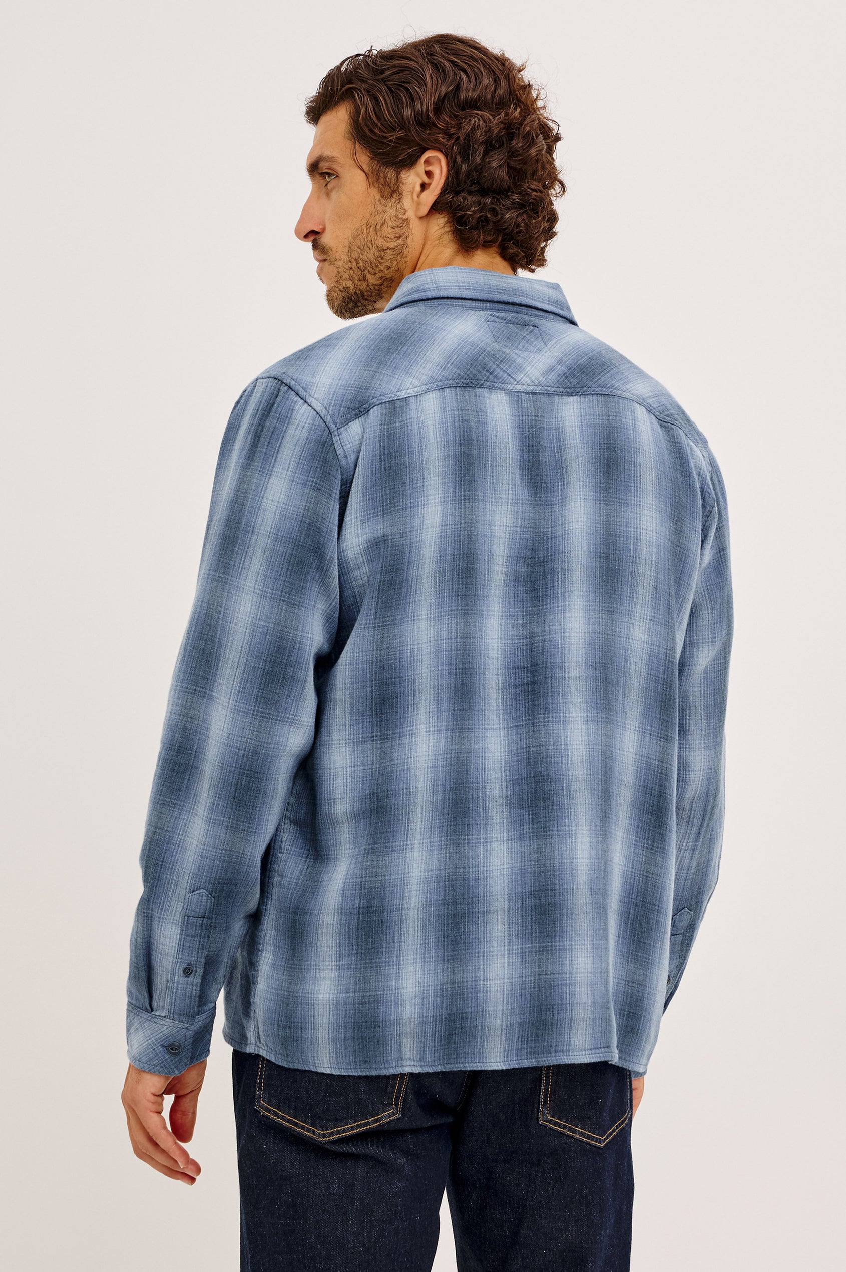 Owens Shirt in Soft Double-Face Cotton With Contrast-Print Reverse, Relaxed Fit, Spread Collar, Button Front, Chest Patch Pocket, and Straight Hem in Blue Mist Shadow Colorway - Upper Body Back View Featured on Model