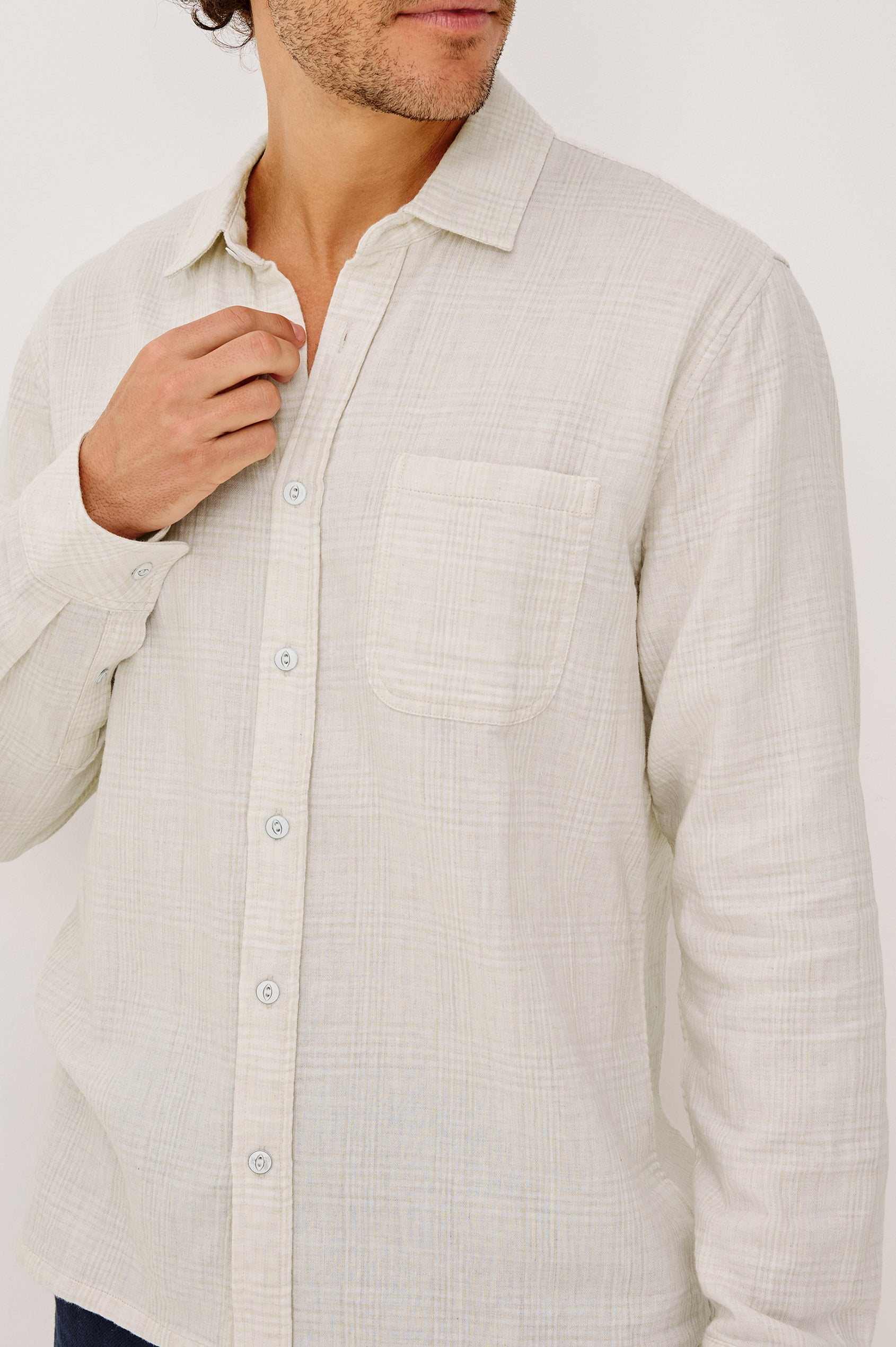 Owens Shirt in Lightweight Cotton With Front Buttons, Subtle Texture, Collar, Long Sleeves, and Chest Patch Pocket in Desert Path Colorway - Upper Body Front View Featured on Model