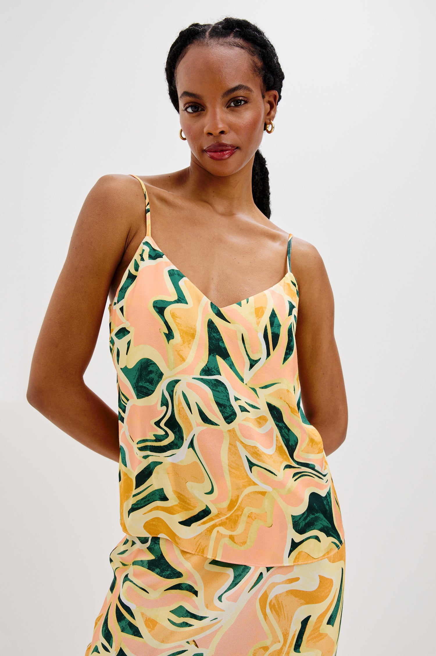 Paola V-Neck Tank Top with Spaghetti Straps in Tulum Colorway. Front View Shown on Model.