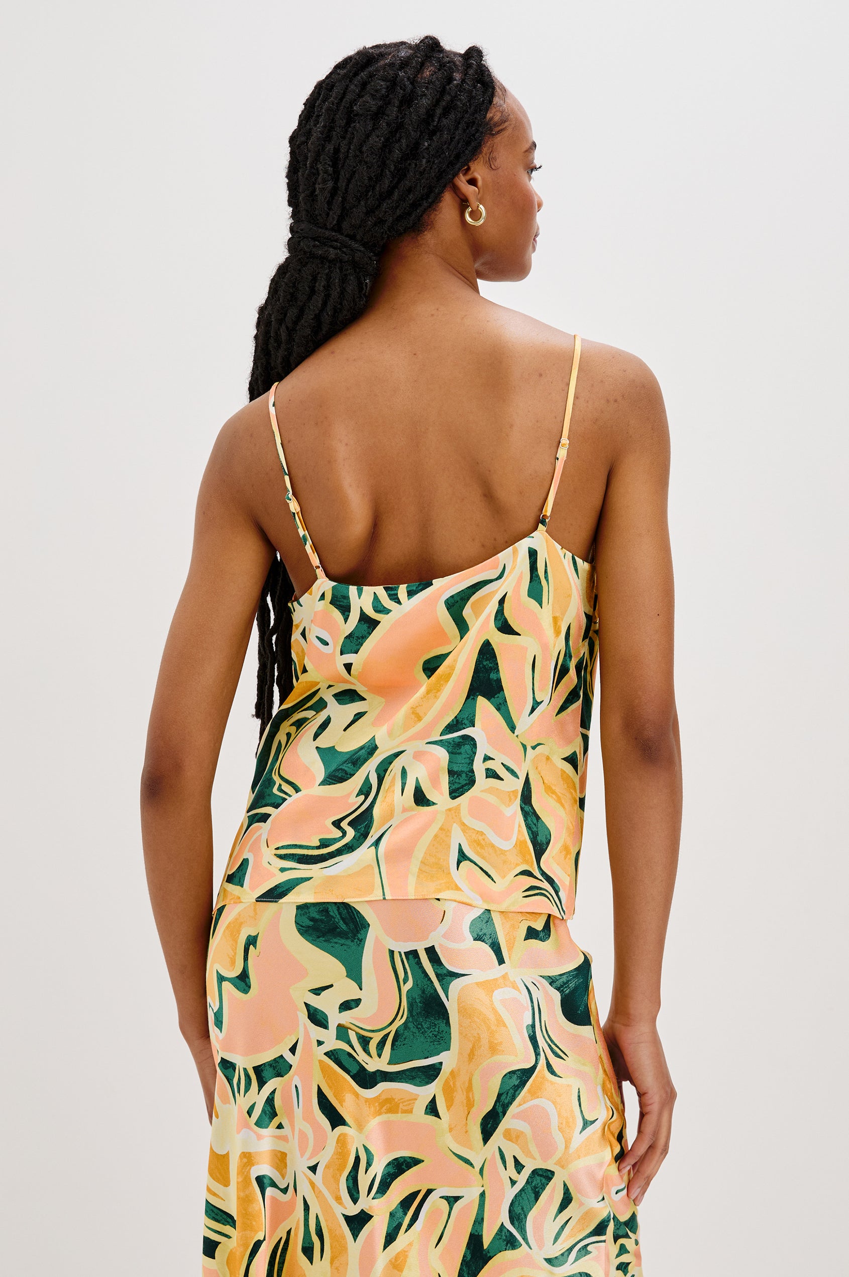 Paola V-Neck Tank Top with Spaghetti Straps in Tulum Colorway. Back View Shown on Model.