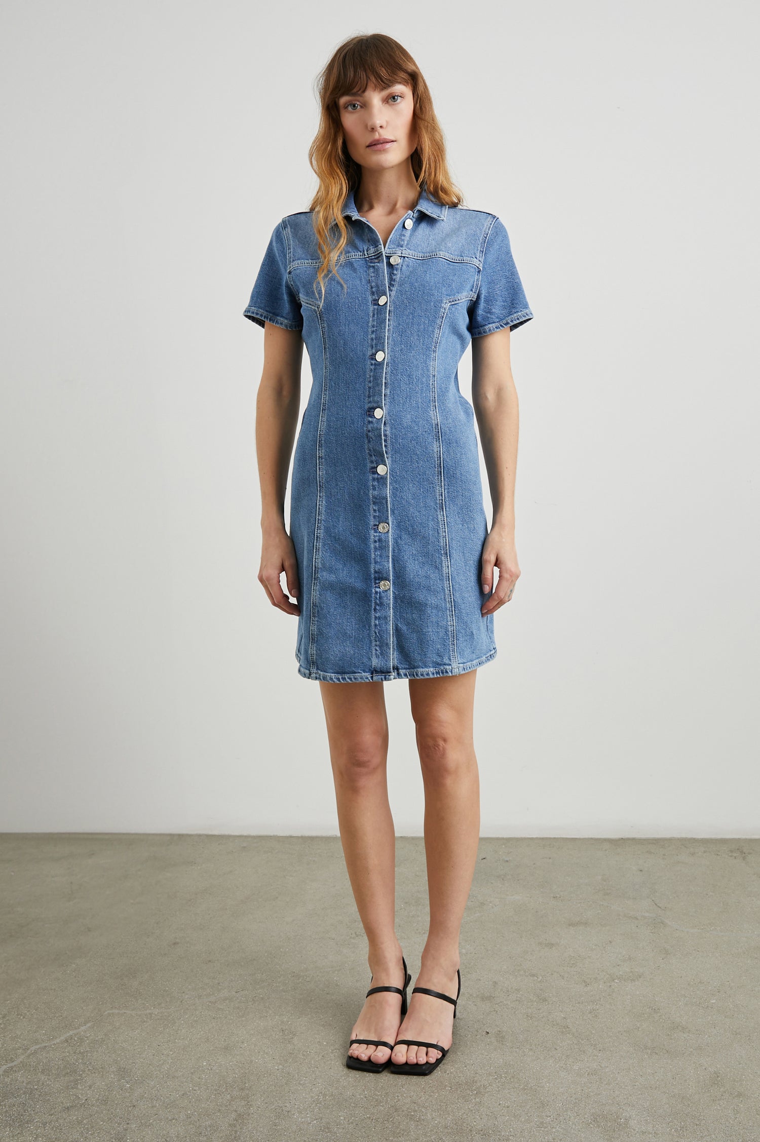 Pasadena Short-Sleeve Denim Mini Dress with a Full Button Front in Cadet Blue Colorway - Front Full Body View Featured on Model 