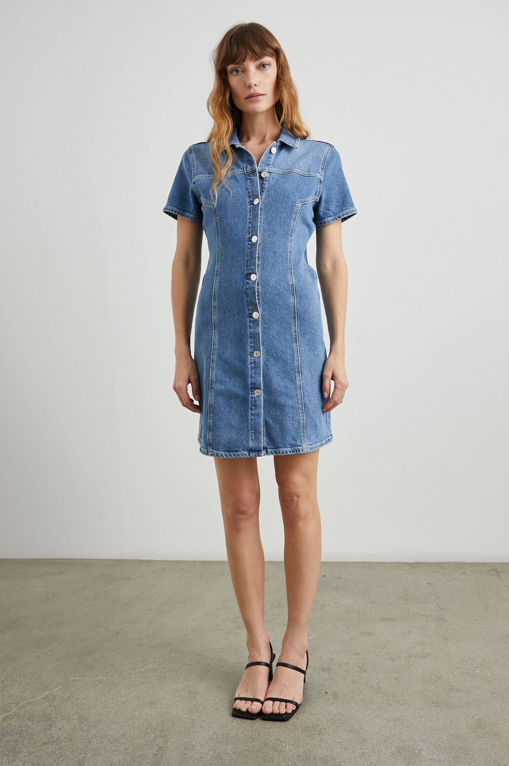 Pasadena Short-Sleeve Denim Mini Dress with a Full Button Front in Cadet Blue Colorway - Front Full Body View Featured on Model 