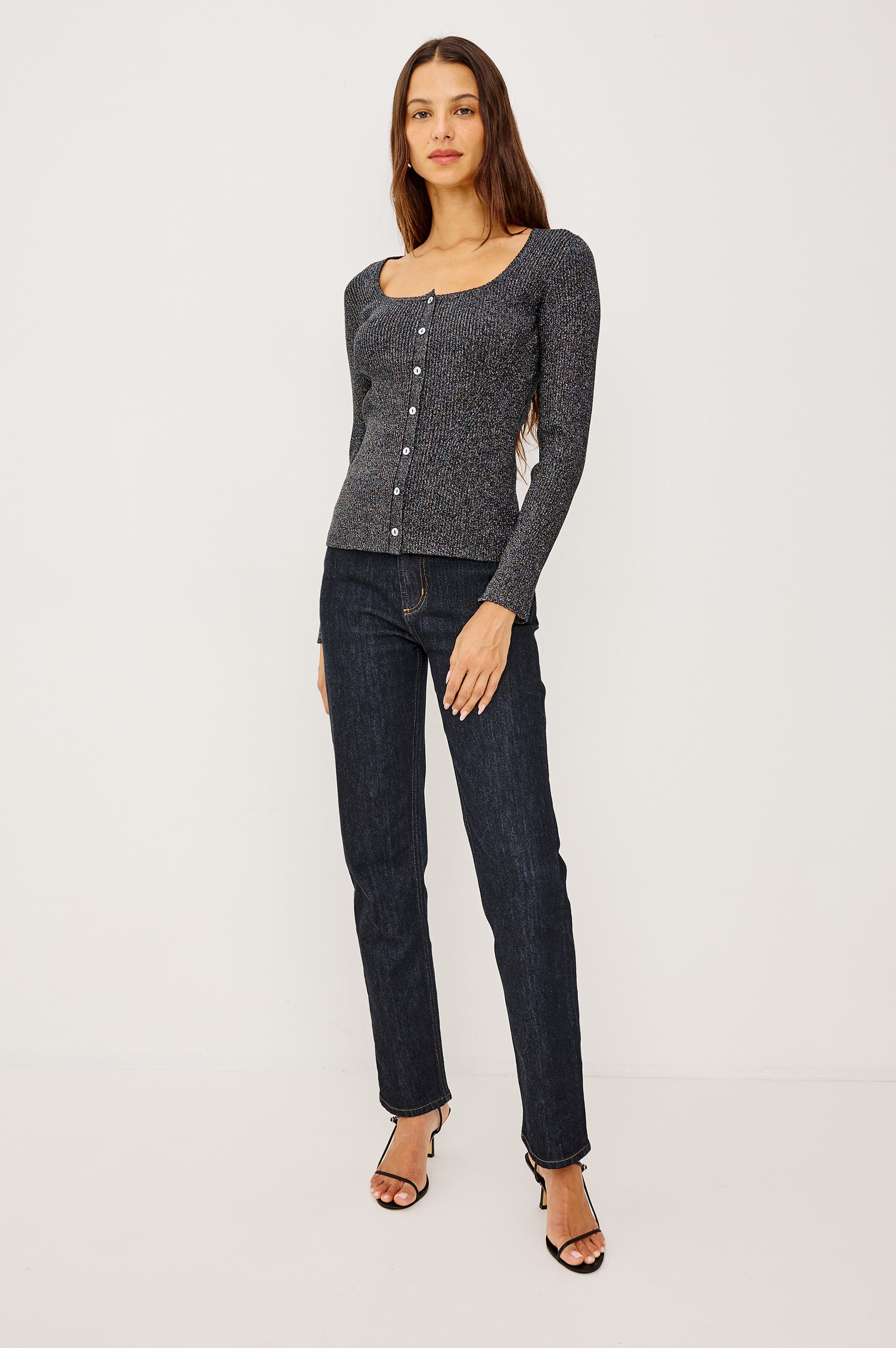 Paulina Fitted Sweater in Lurex Rib Knit With Scalloped Scoop Neckline, Front Buttons, and Long Sleeves in Gun Metal Lurex Colorway - Full Body Front View Featured on Model