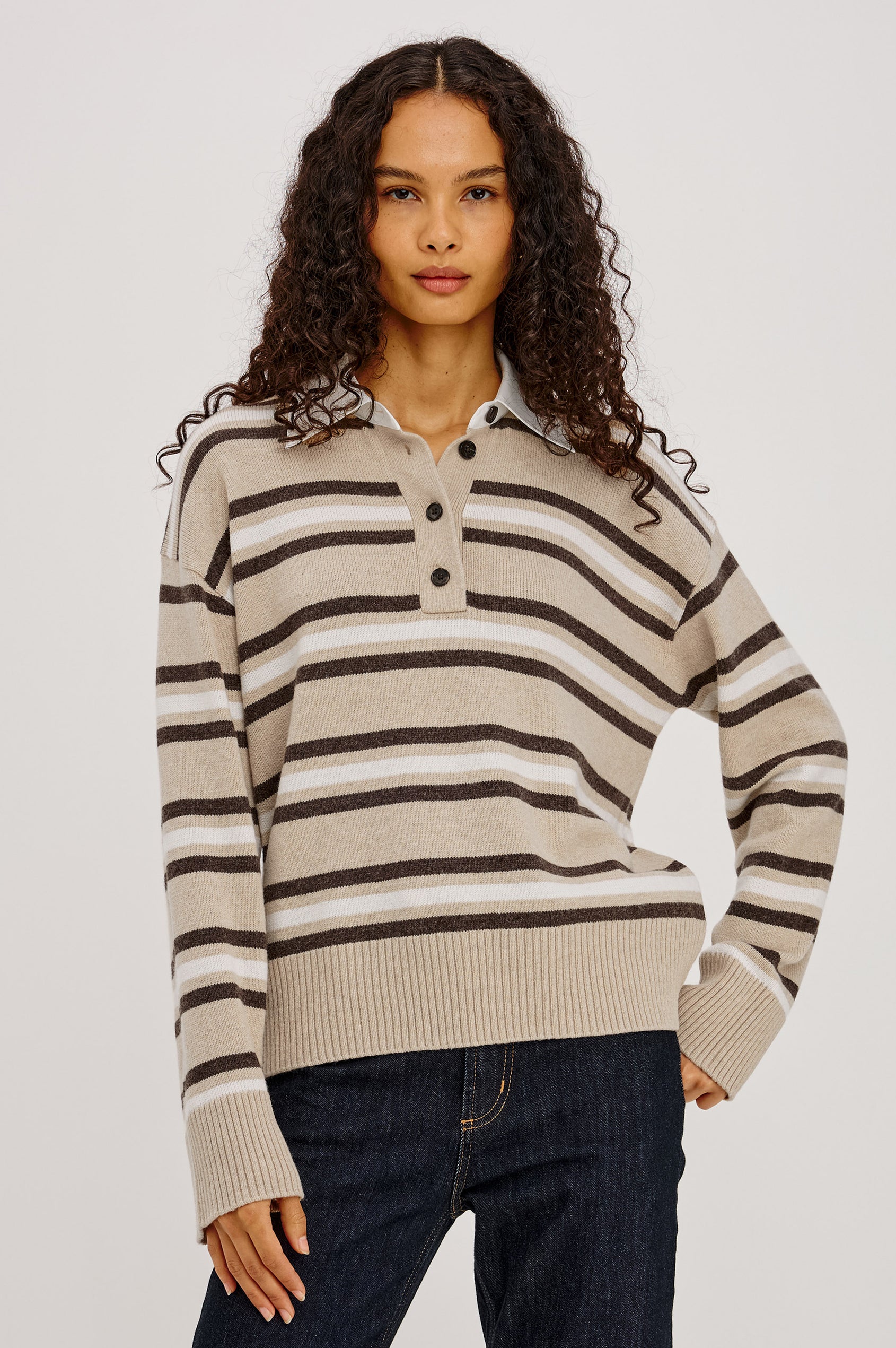 Paxton Sweater in Cotton-Cashmere Blend With Poplin Collar, 4-Button Placket, Relaxed Fit, and Ribbed Trim in Heather Oat Stripe Colorway - Upper Body Front View Featured on Model