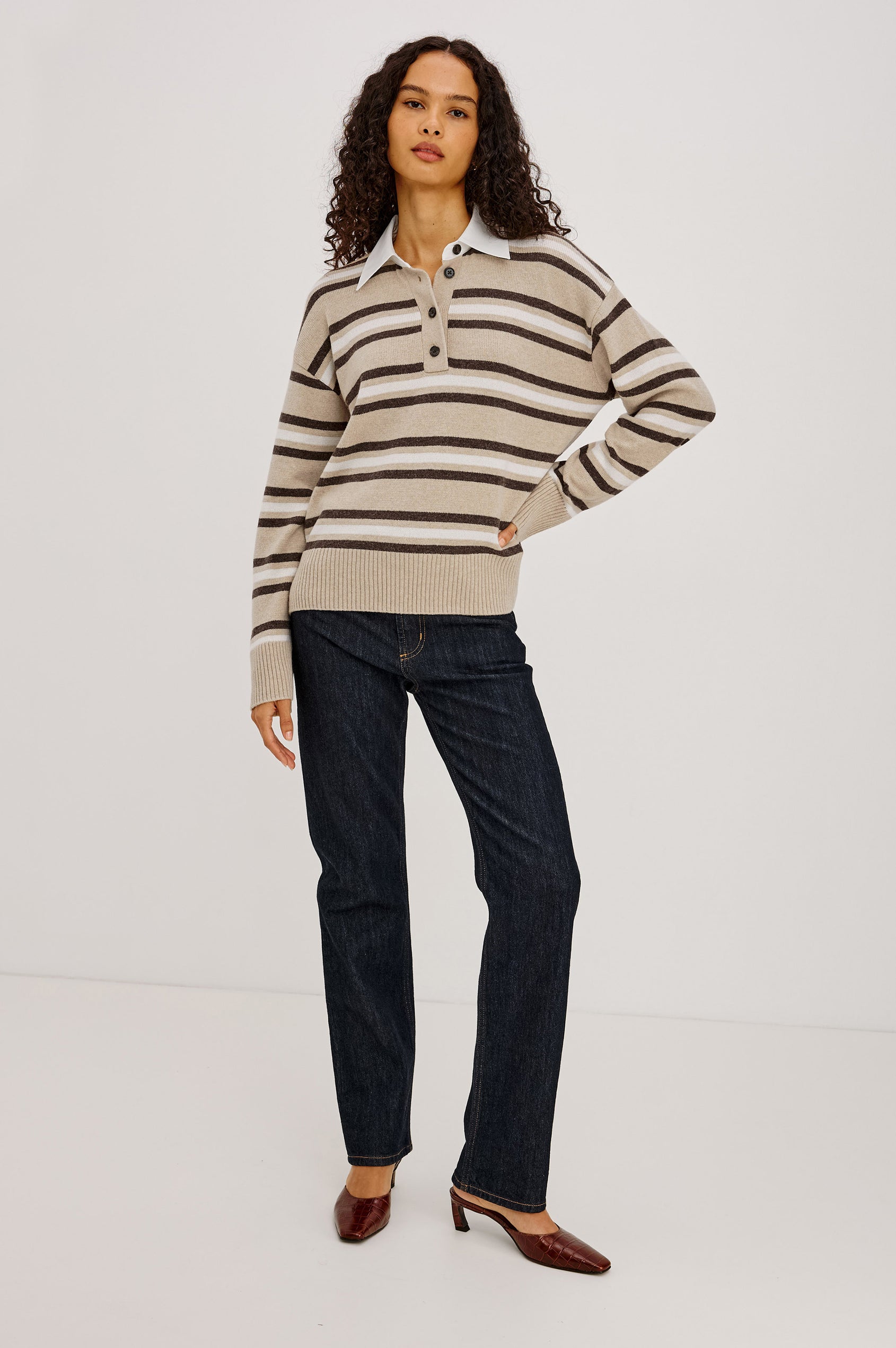 Paxton Sweater in Cotton-Cashmere Blend With Poplin Collar, 4-Button Placket, Relaxed Fit, and Ribbed Trim in Heather Oat Stripe Colorway - Full Body Front View Featured on Model