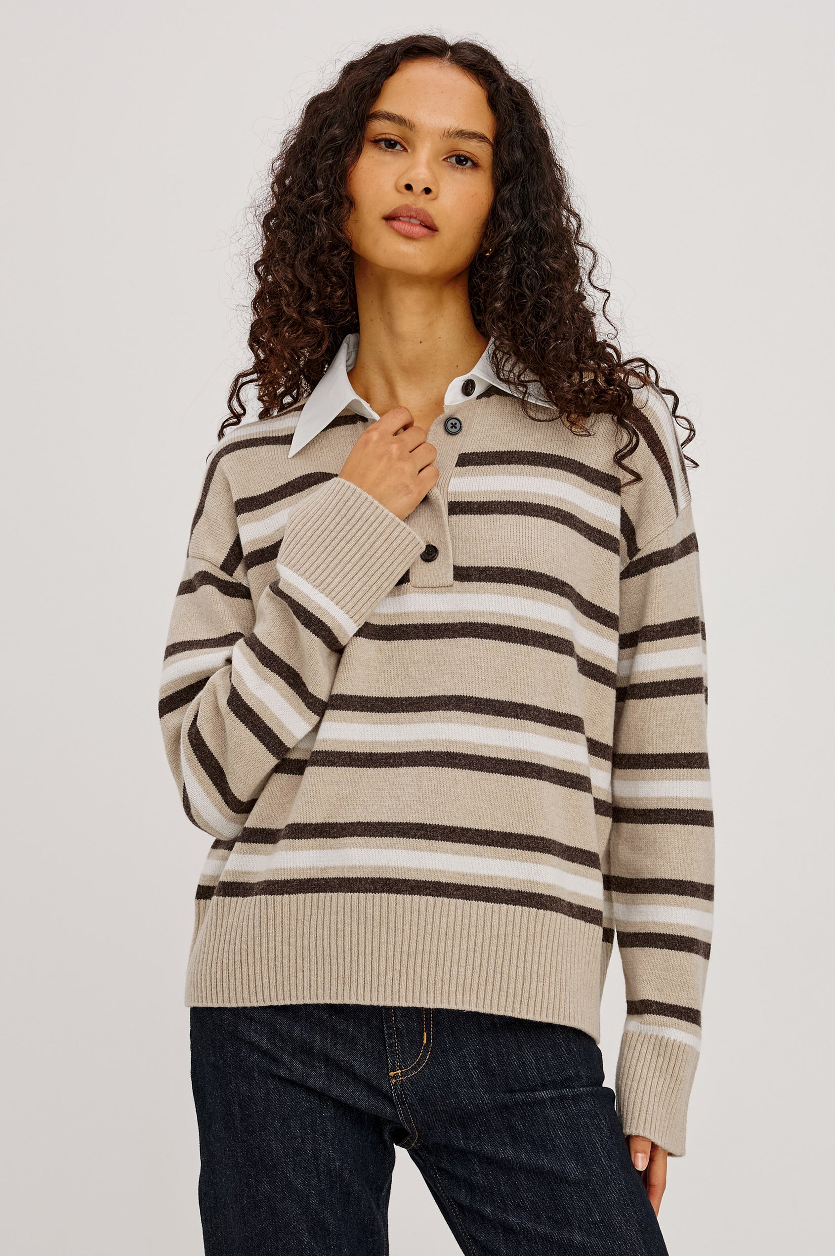 Paxton Sweater in Cotton-Cashmere Blend With Poplin Collar, 4-Button Placket, Relaxed Fit, and Ribbed Trim in Heather Oat Stripe Colorway - Upper Body Front View Featured on Model