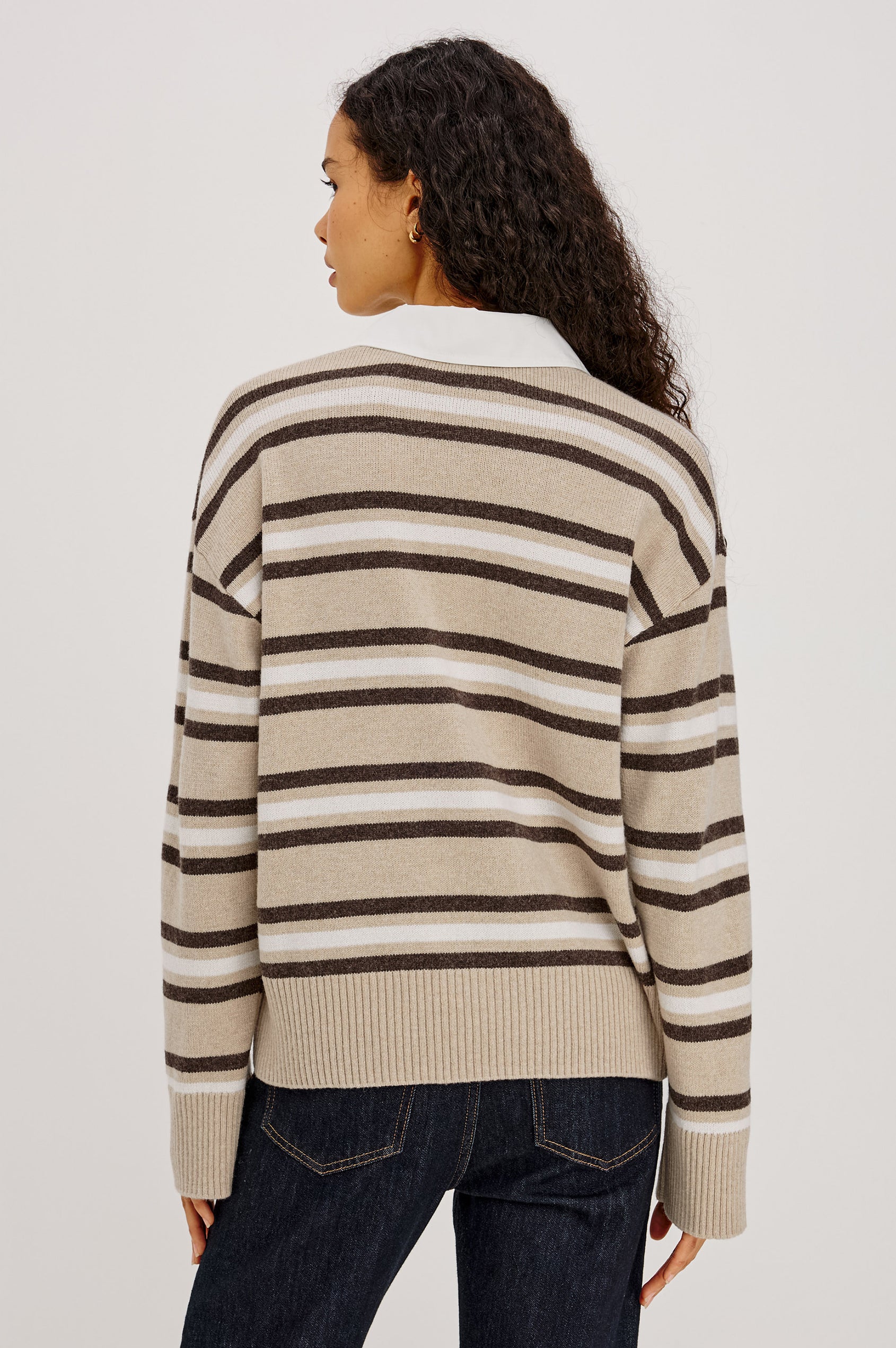 Paxton Sweater in Cotton-Cashmere Blend With Poplin Collar, 4-Button Placket, Relaxed Fit, and Ribbed Trim in Heather Oat Stripe Colorway - Upper Body Back View Featured on Model