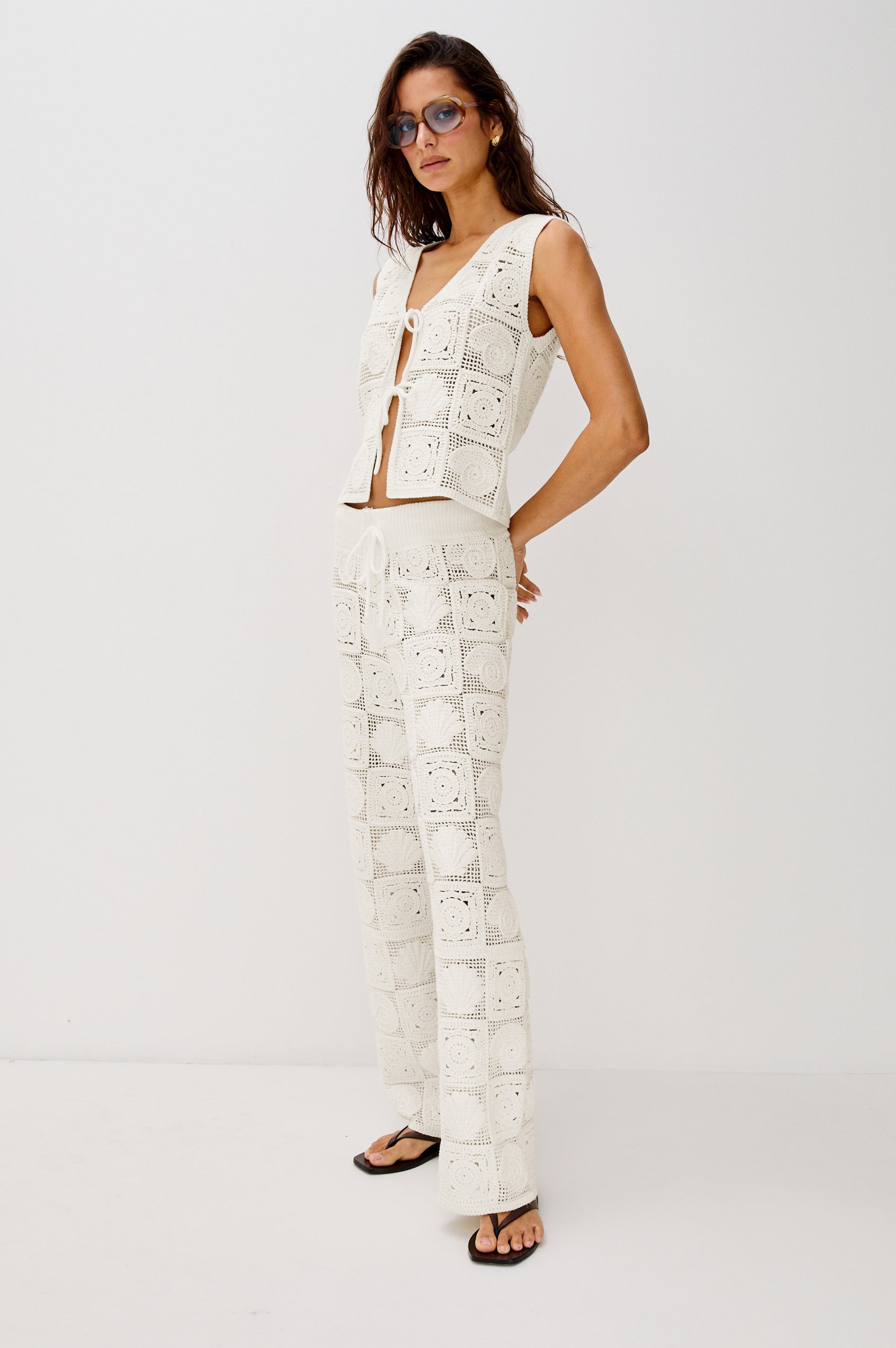 Paz V-Neck Tie Front Tank Top with Wide Straps in White Sea Shell Crochet Colorway. Full Body Front View Shown on Model.