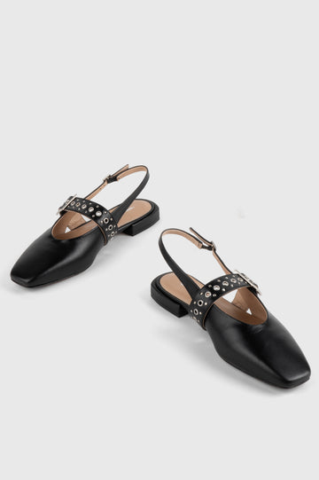 Intentionally Blank Pearl Ballet Flat with an Adjustable Slingback Strap, a Studded Upper Buckle Strap, a Small Heel and a Square Toe in Black Colorway - Overhead View