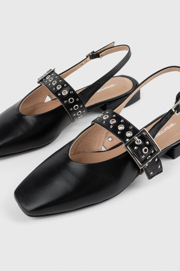 Intentionally Blank Pearl Ballet Flat with an Adjustable Slingback Strap, a Studded Upper Buckle Strap, a Small Heel and a Square Toe in Black Colorway - Overhead View