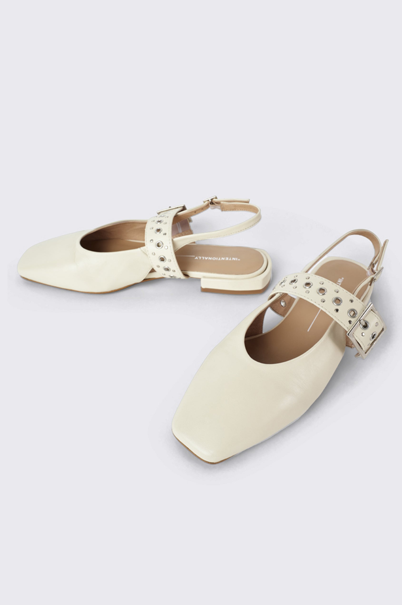 Pearl slingback square toe ballet flat with studded buckle strap in Cream - front view of shoe pair