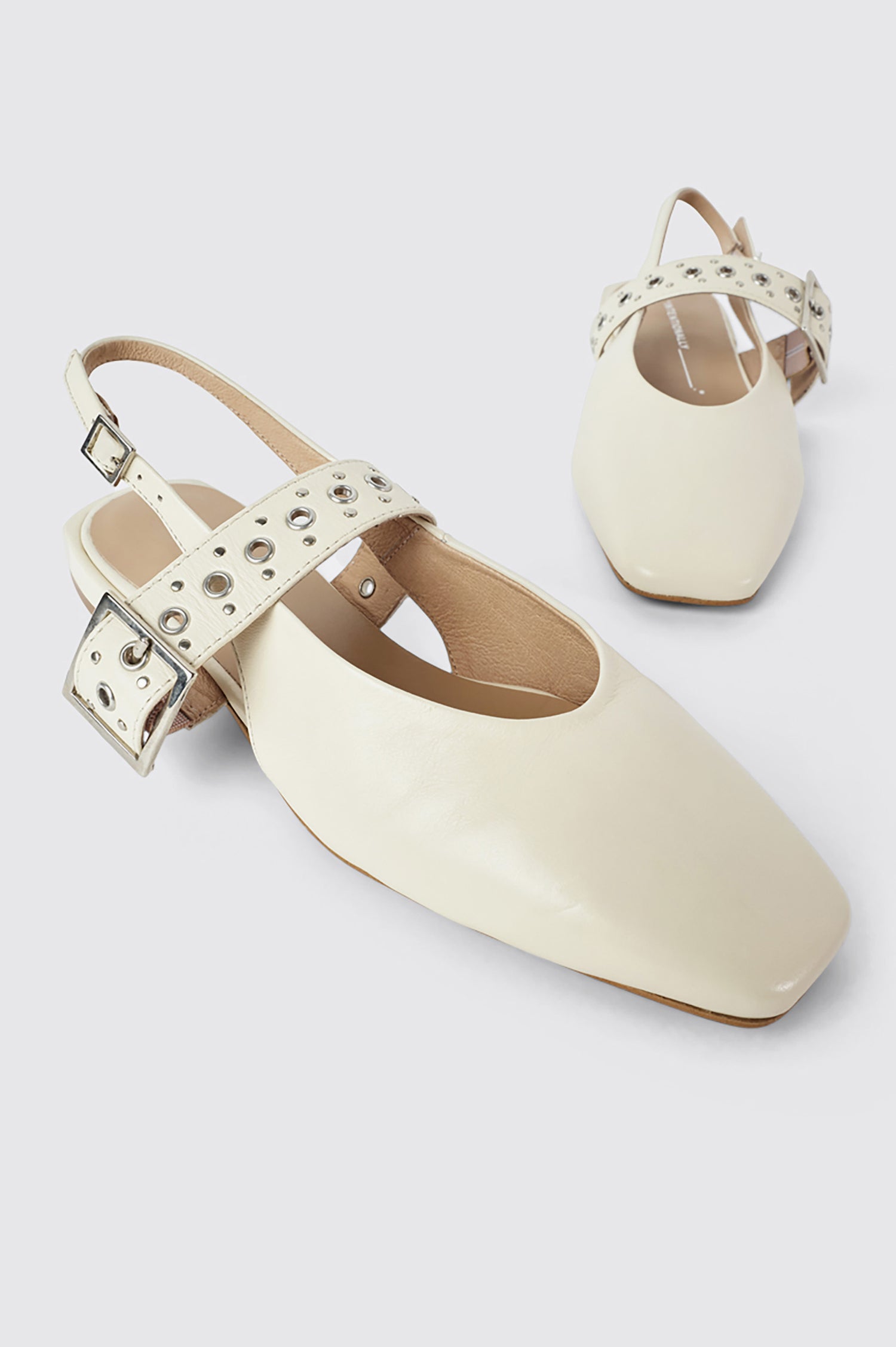 Pearl slingback square toe ballet flat with studded buckle strap in Cream - shoe pair front view