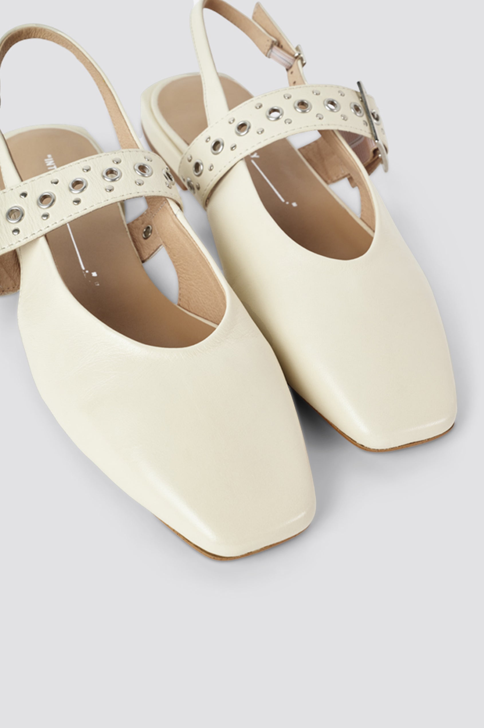 Pearl slingback square toe ballet flat with studded buckle strap in Cream - shoe pair close up of square toe