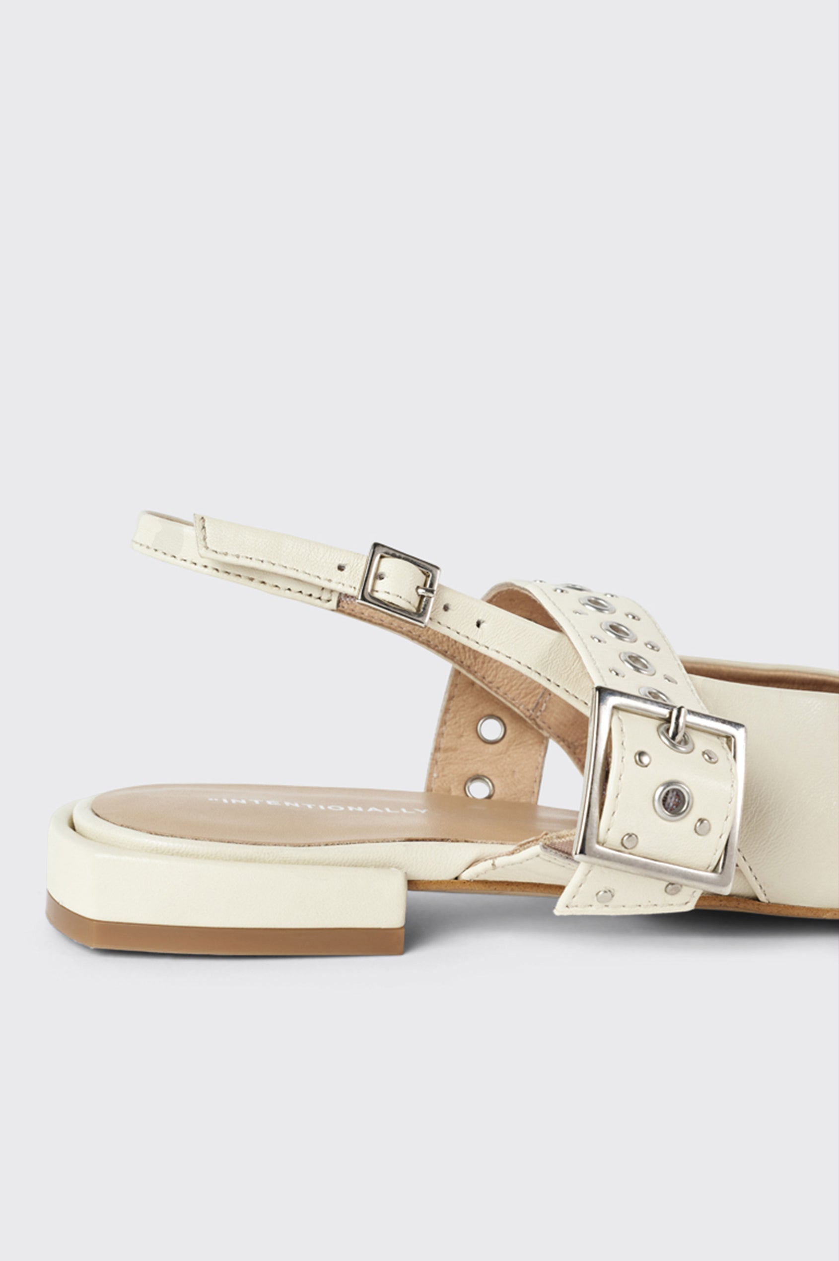 Pearl slingback square toe ballet flat with studded buckle strap in Cream - close up of strap and studded buckle