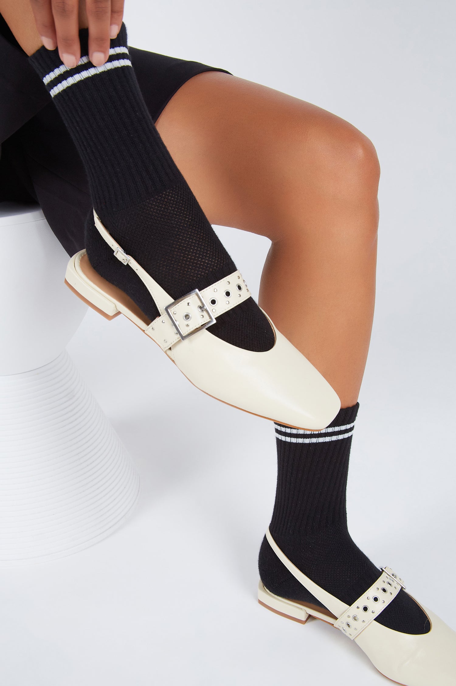 Pearl slingback square toe ballet flat with studded buckle strap in Cream -  shoe pair on model styled with black socks