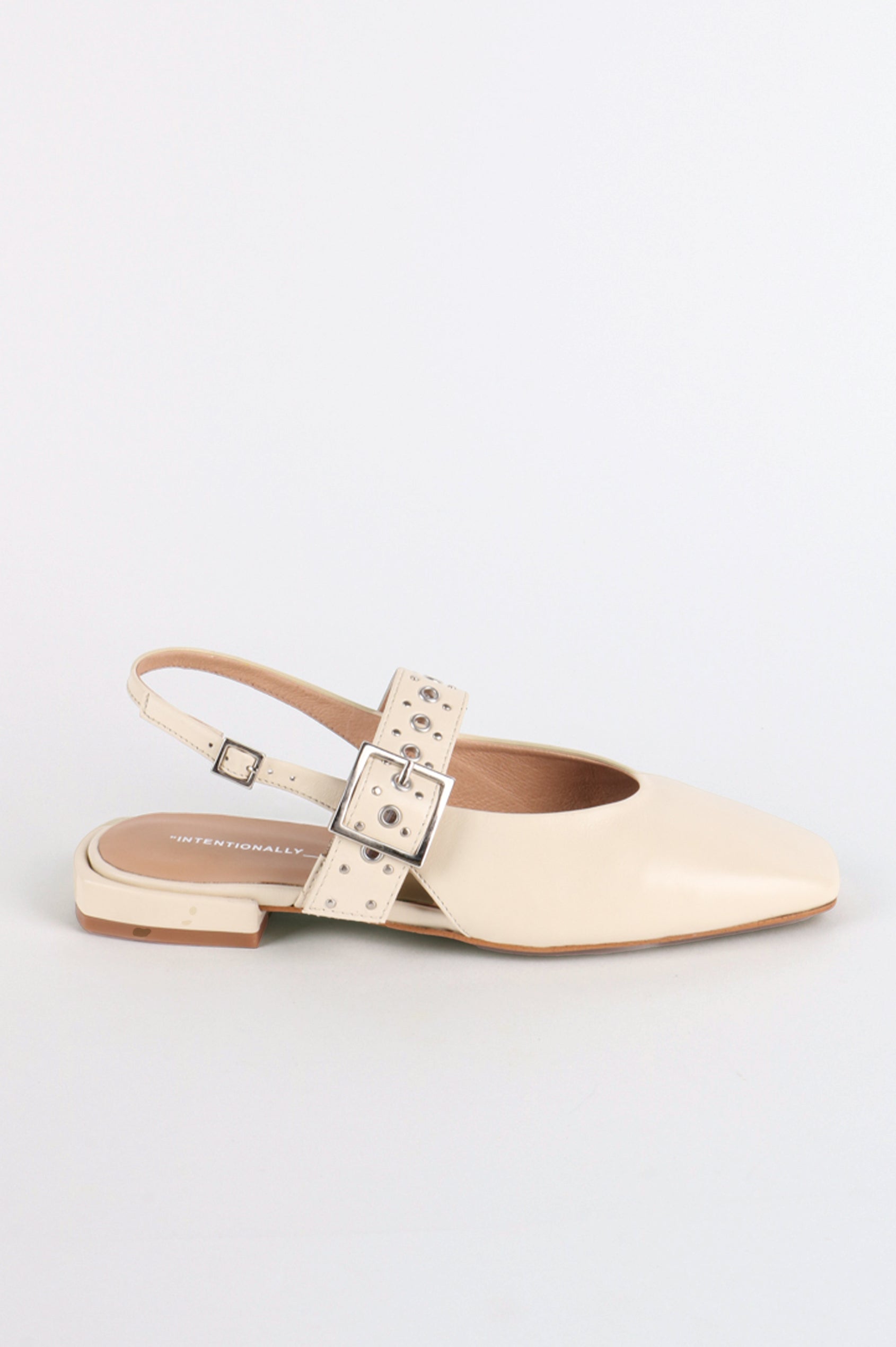 Pearl slingback square toe ballet flat with studded buckle strap in Cream - single shoe side view