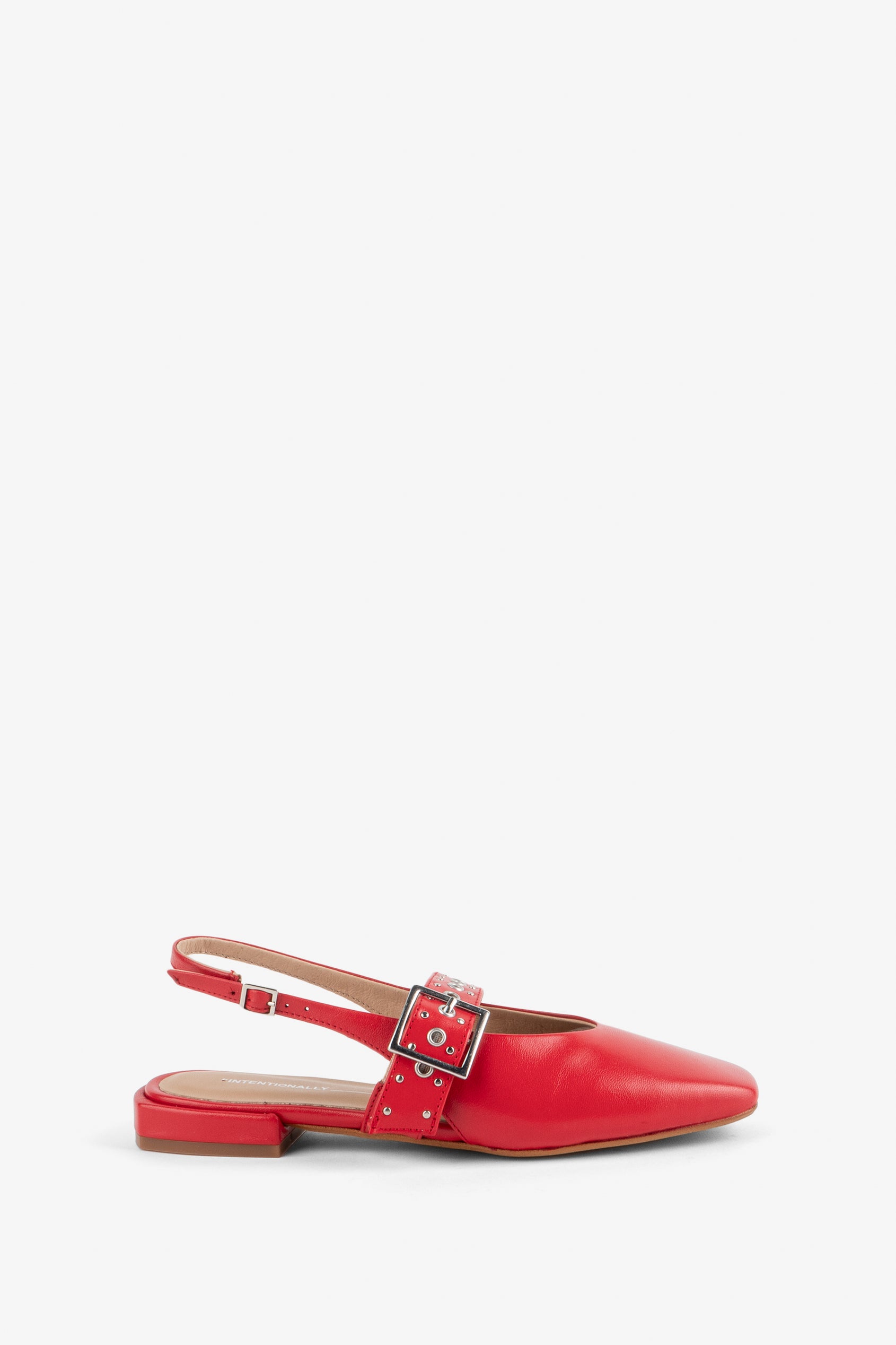 Intentionally Blank Pearl Ballet Flat with an Adjustable Slingback Strap, a Studded Upper Buckle Strap, a Small Heel and a Square Toe in Cherry Colorway - Side View 