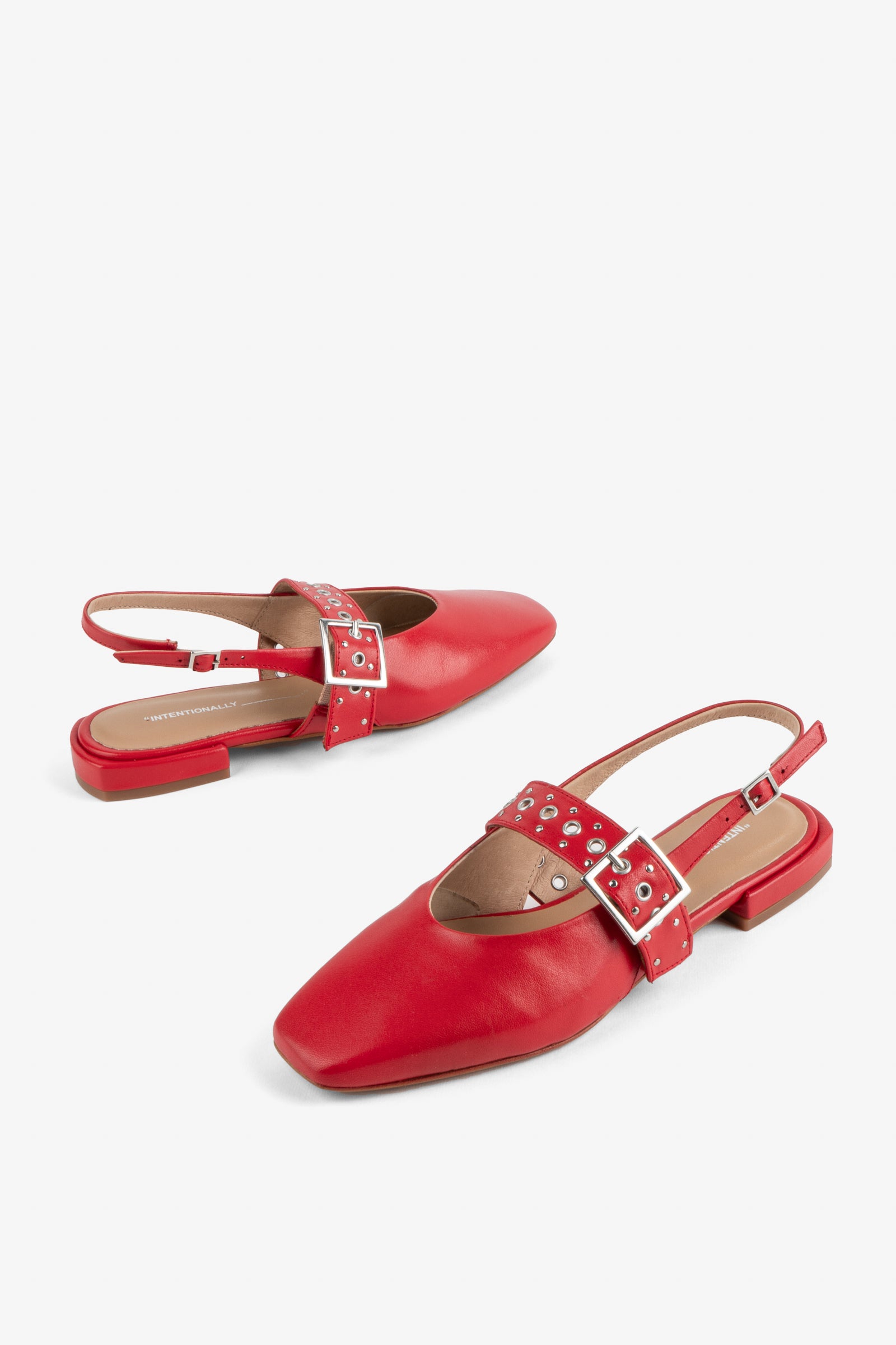 Intentionally Blank Pearl Ballet Flat with an Adjustable Slingback Strap, a Studded Upper Buckle Strap, a Small Heel and a Square Toe in Cherry Colorway - Overhead View 