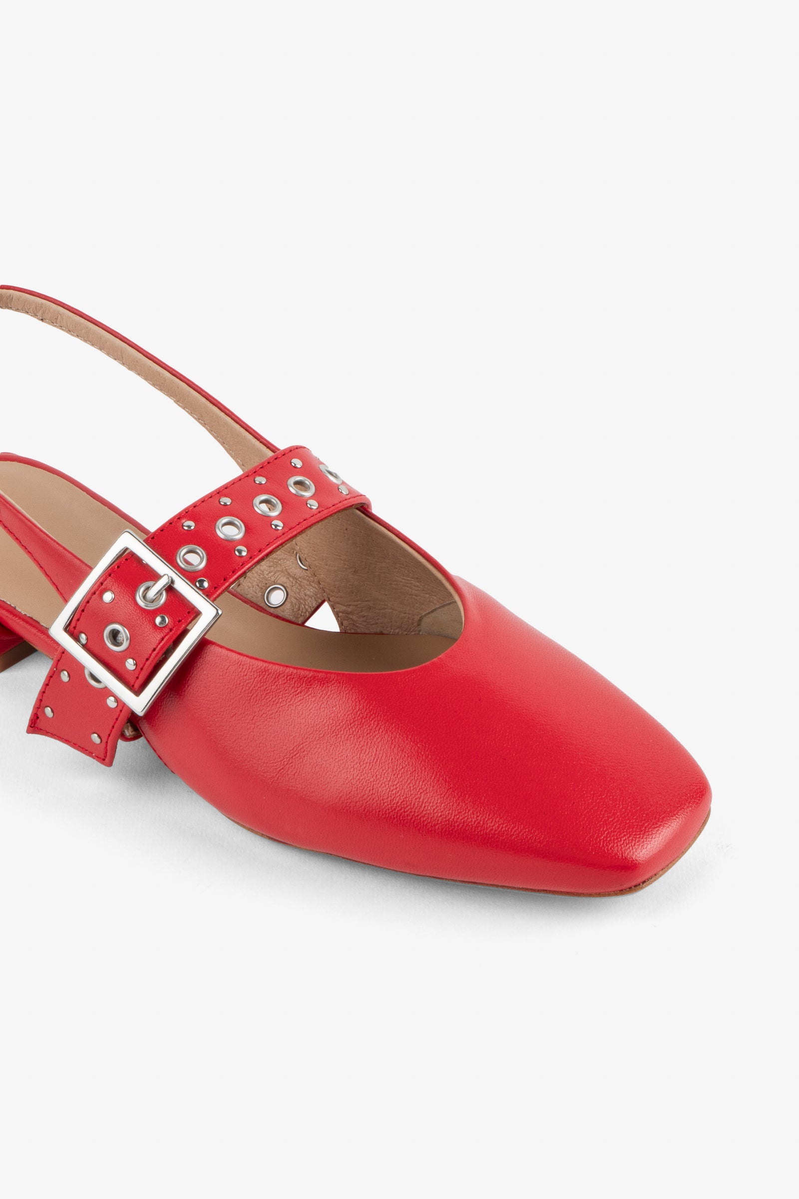 Intentionally Blank Pearl Ballet Flat with an Adjustable Slingback Strap, a Studded Upper Buckle Strap, a Small Heel and a Square Toe in Cherry Colorway - Overhead View 