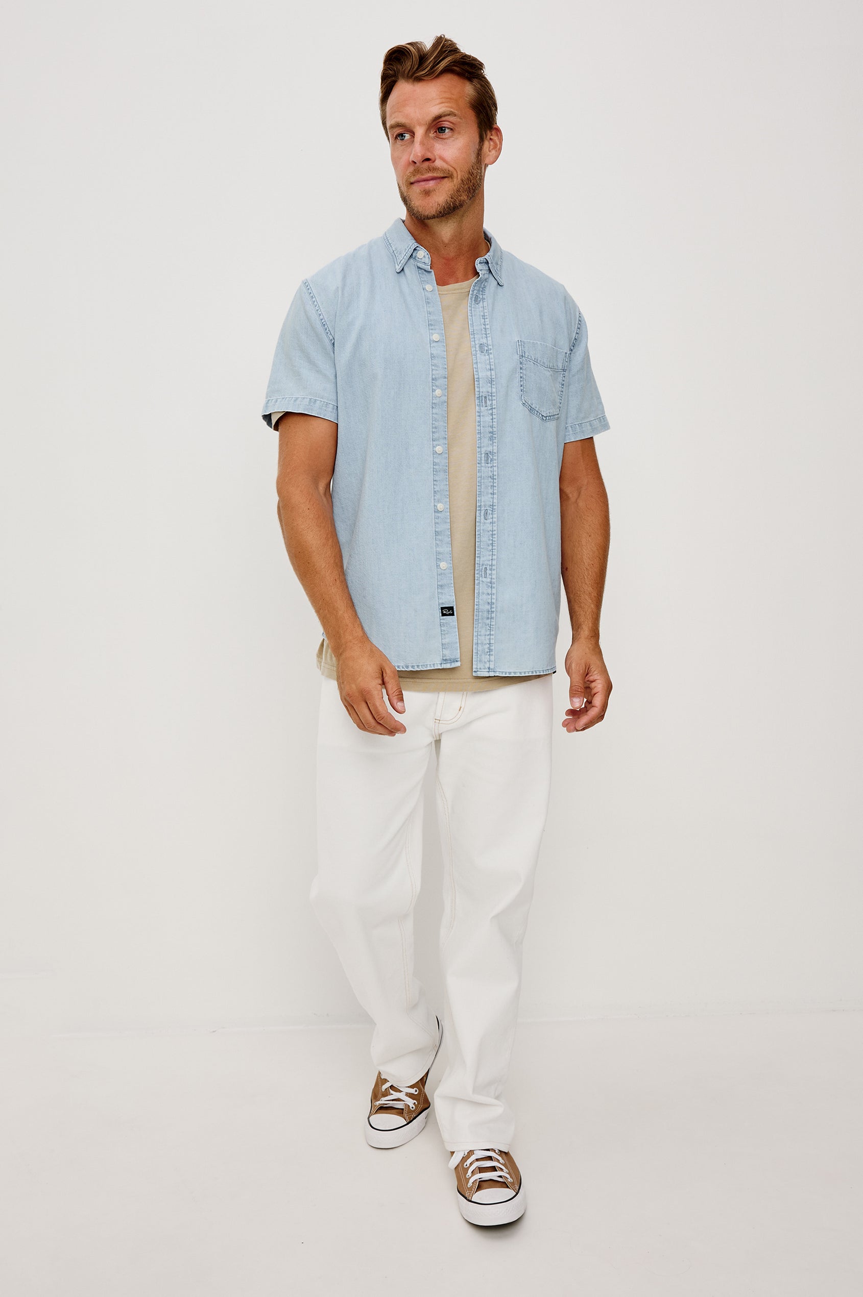 Penn Button-Up Shirt in Rope-Dye Yarn With Collar, Short Sleeves, and Classic Fit in Light Vintage Wash Colorway - Full Body Front View Featured on Model