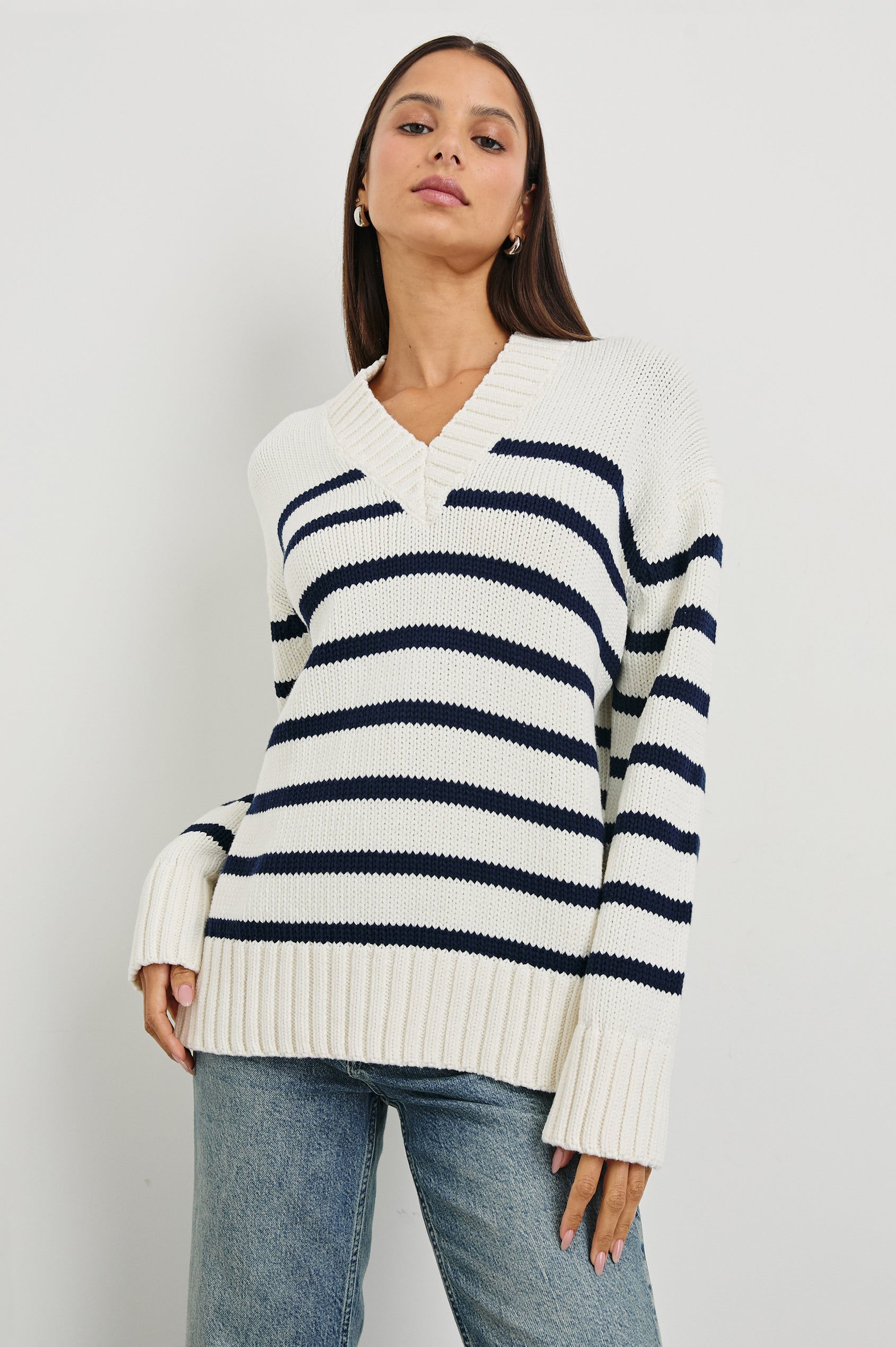 Penny Long-Sleeve, V Neck Sweater with Ribbed Trim in Ivory Navy Stripe Colorway, Horizontal Stripes - Front View Featured on Model 