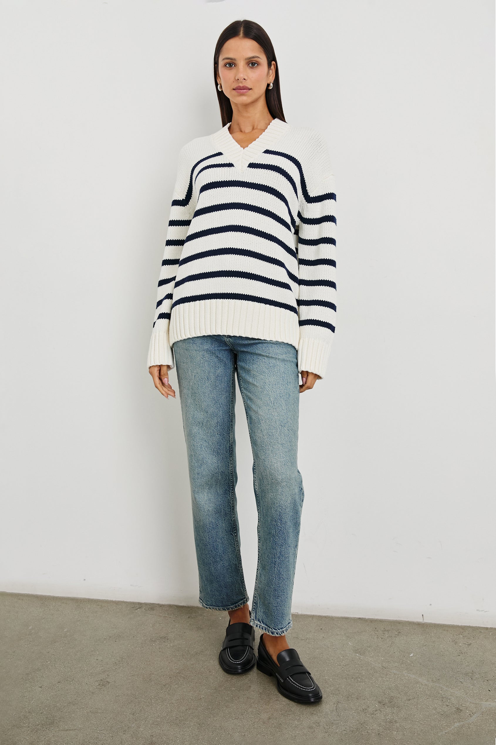 Penny Long-Sleeve, V Neck Sweater with Ribbed Trim in Ivory Navy Stripe Colorway, Horizontal Stripes - Front Full Body View Featured on Model 