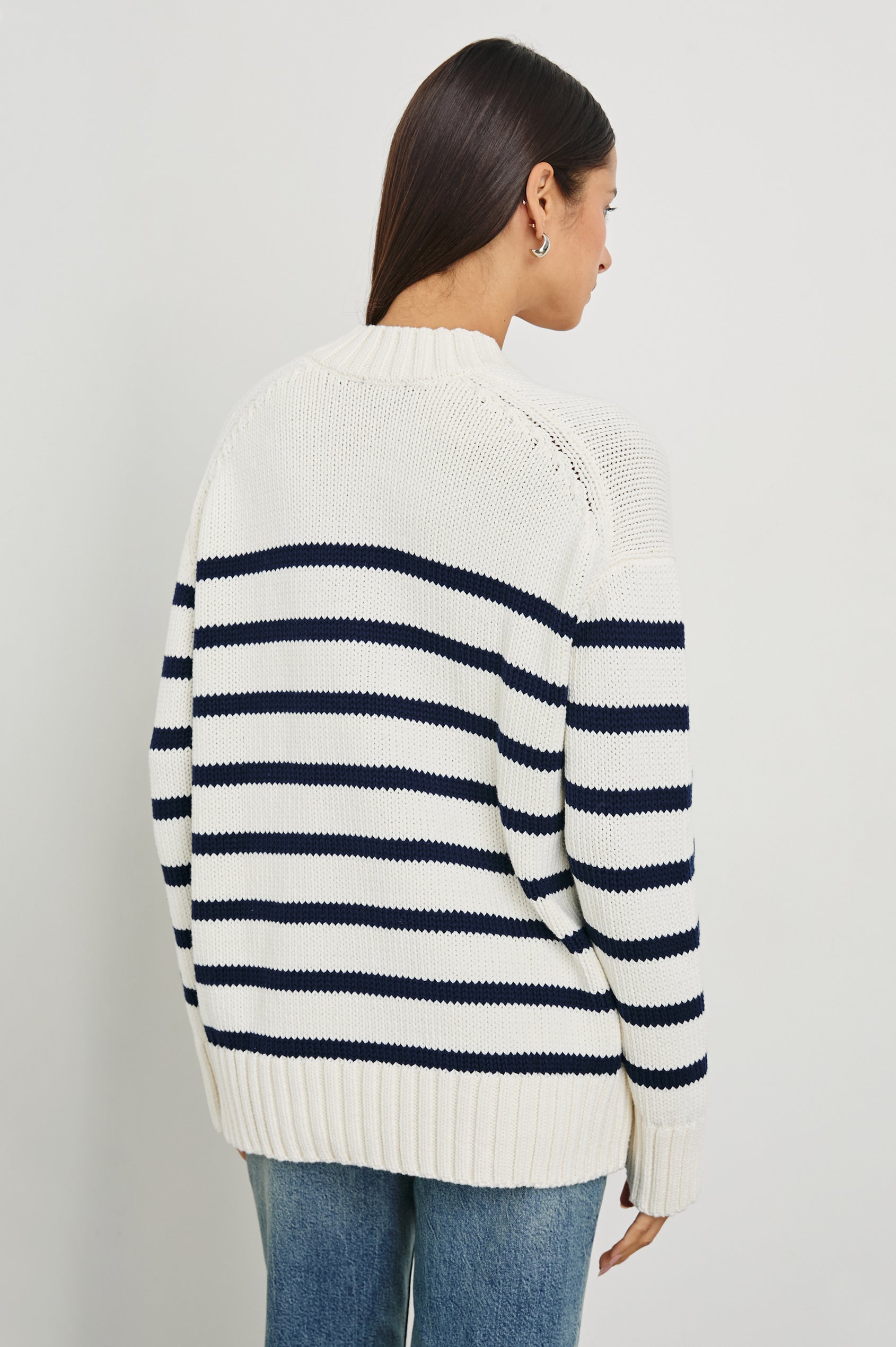 Penny Long-Sleeve, V Neck Sweater with Ribbed Trim in Ivory Navy Stripe Colorway, Horizontal Stripes - Back View Featured on Model 