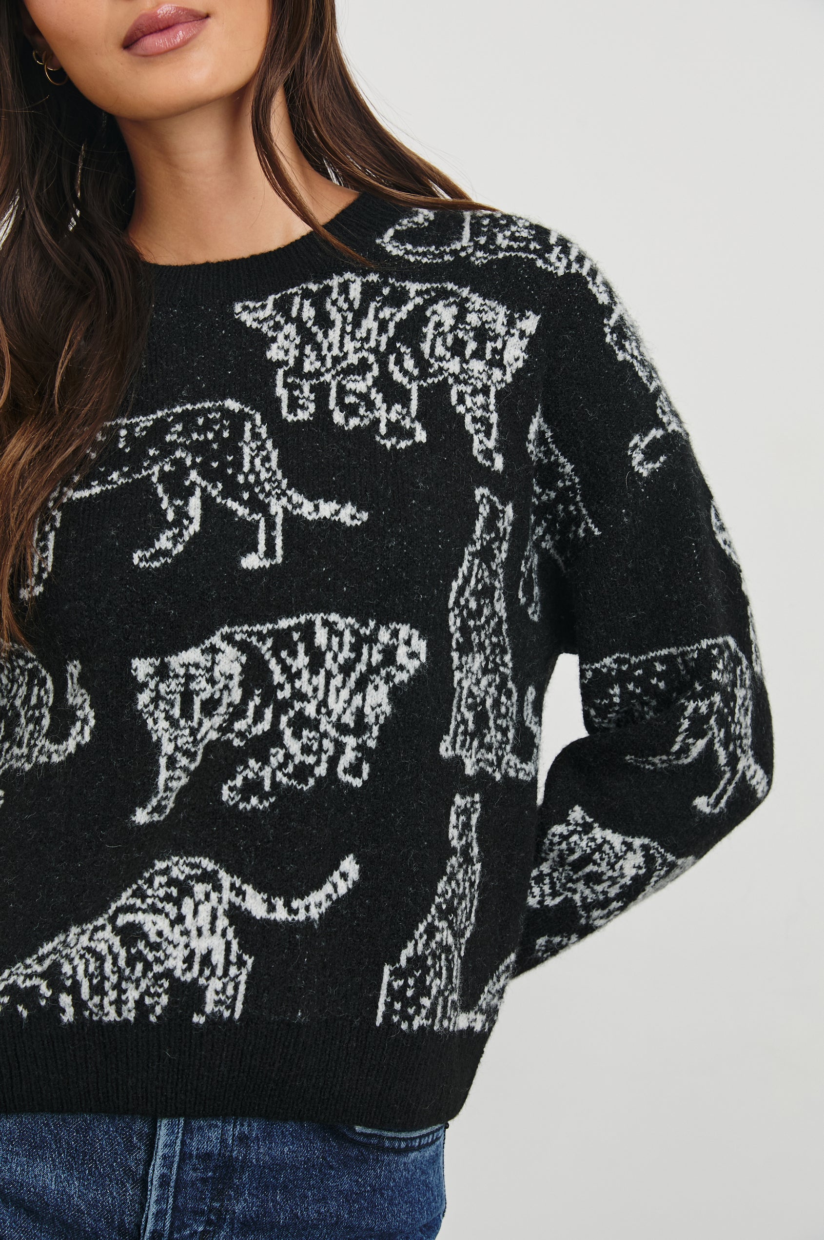 Perci Long-Sleeved Sweater with Crew Neck and Ribbed Trim in Charcoal Cats Colorway, white wild cats on Charcoal - Front View Featured on Model