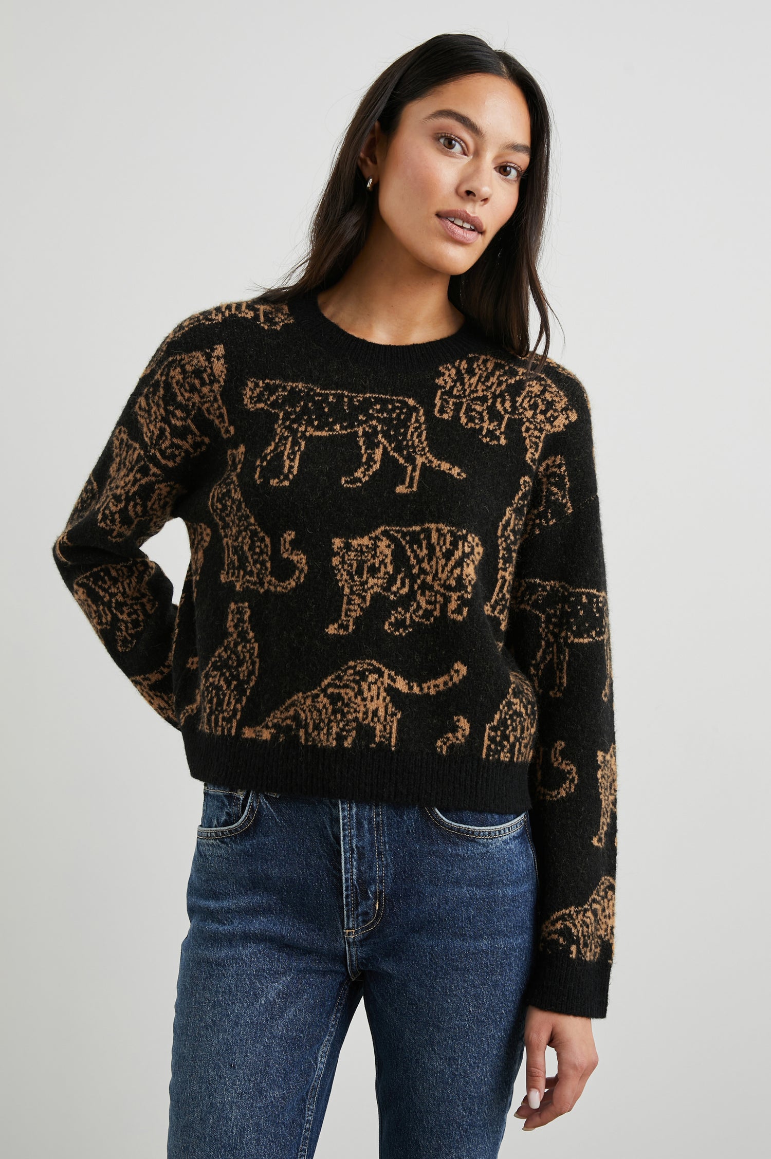 Perci Long-Sleeved Sweater with Crew Neck and Ribbed Trim in Camel Wild Cats Colorway, Camel Wild Cats on Black - Front View Featured on Model