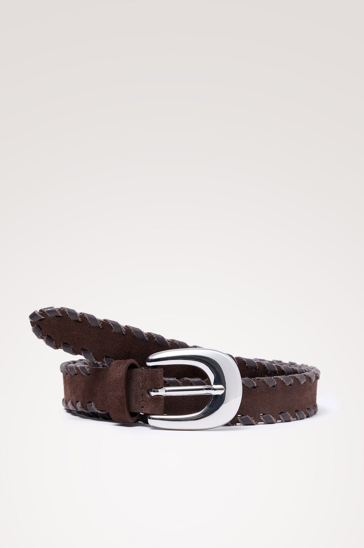 Phoenix Belt in Suede With Braided Trim, Rounded Buckle, and 7-Hole Adjustability in Dark Brown Suede Silver Colorway - Front Product View Featured