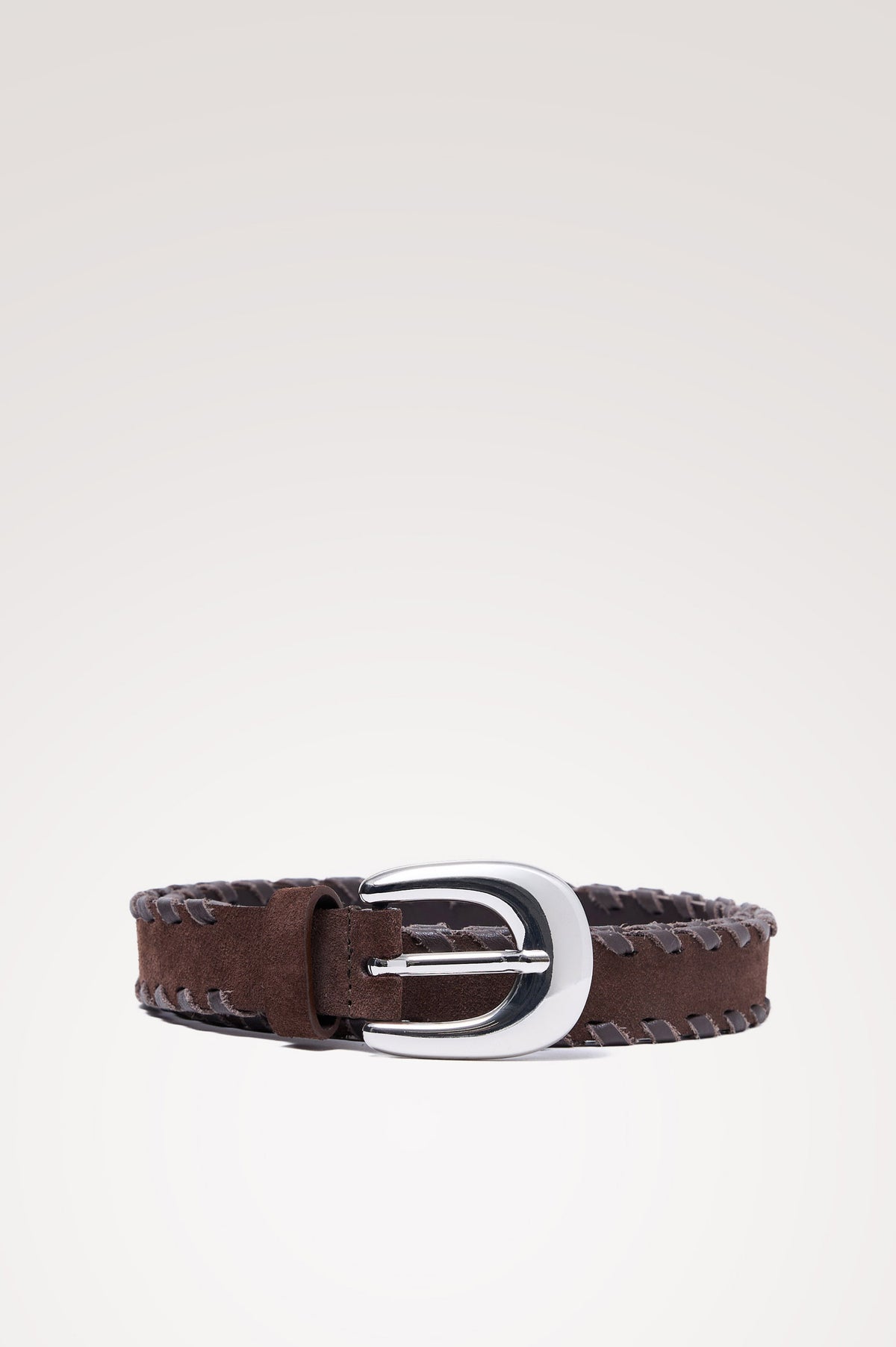 Phoenix Belt in Suede With Braided Trim, Rounded Buckle, and 7-Hole Adjustability in Dark Brown Suede Silver Colorway - Front Product View Featured