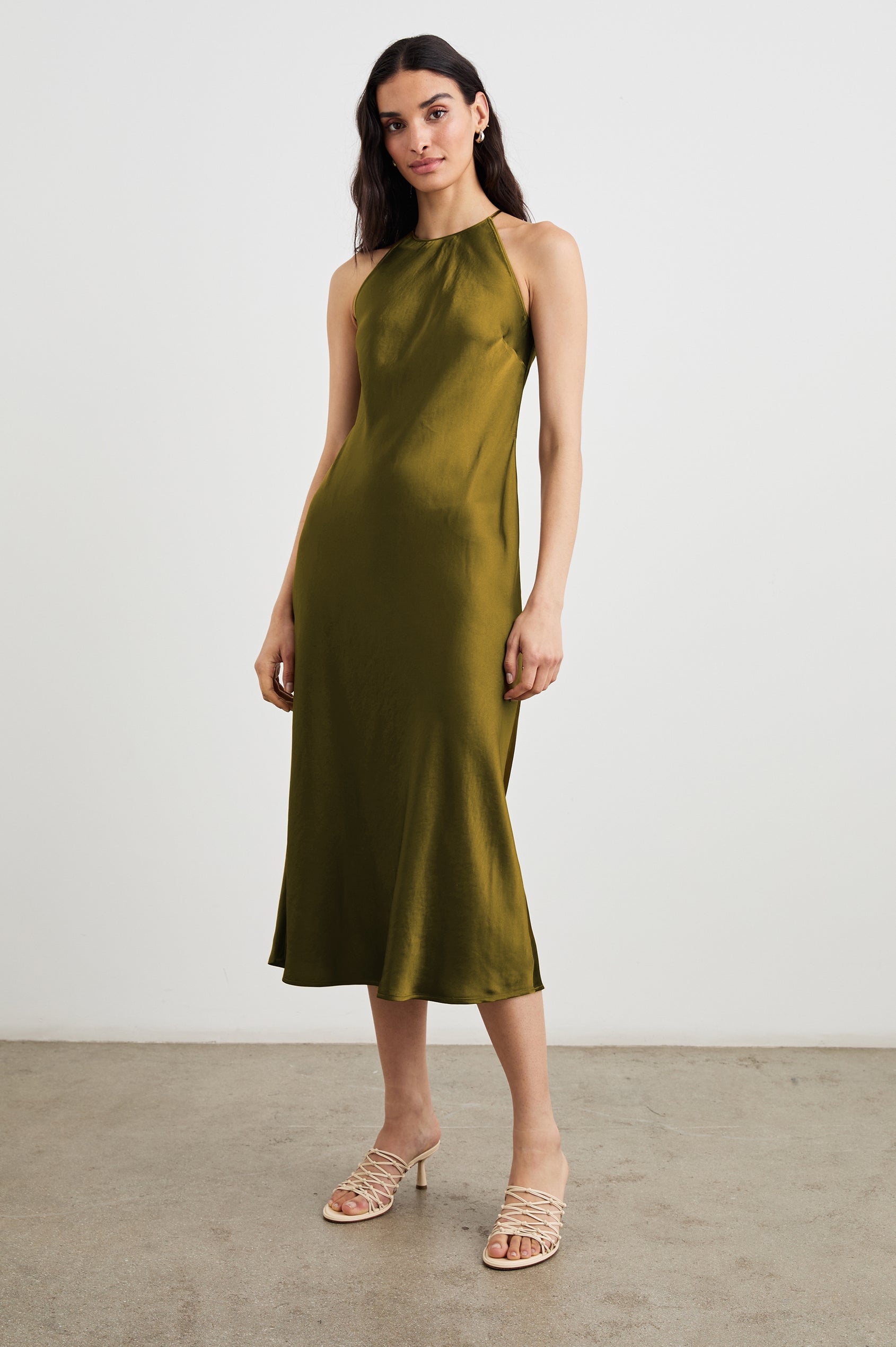 Pia Sleeveless Midi Dress with a Crew Neck and Back Button Closure with Keyhole in Fern Colorway - Front Full Body View Featured on Model