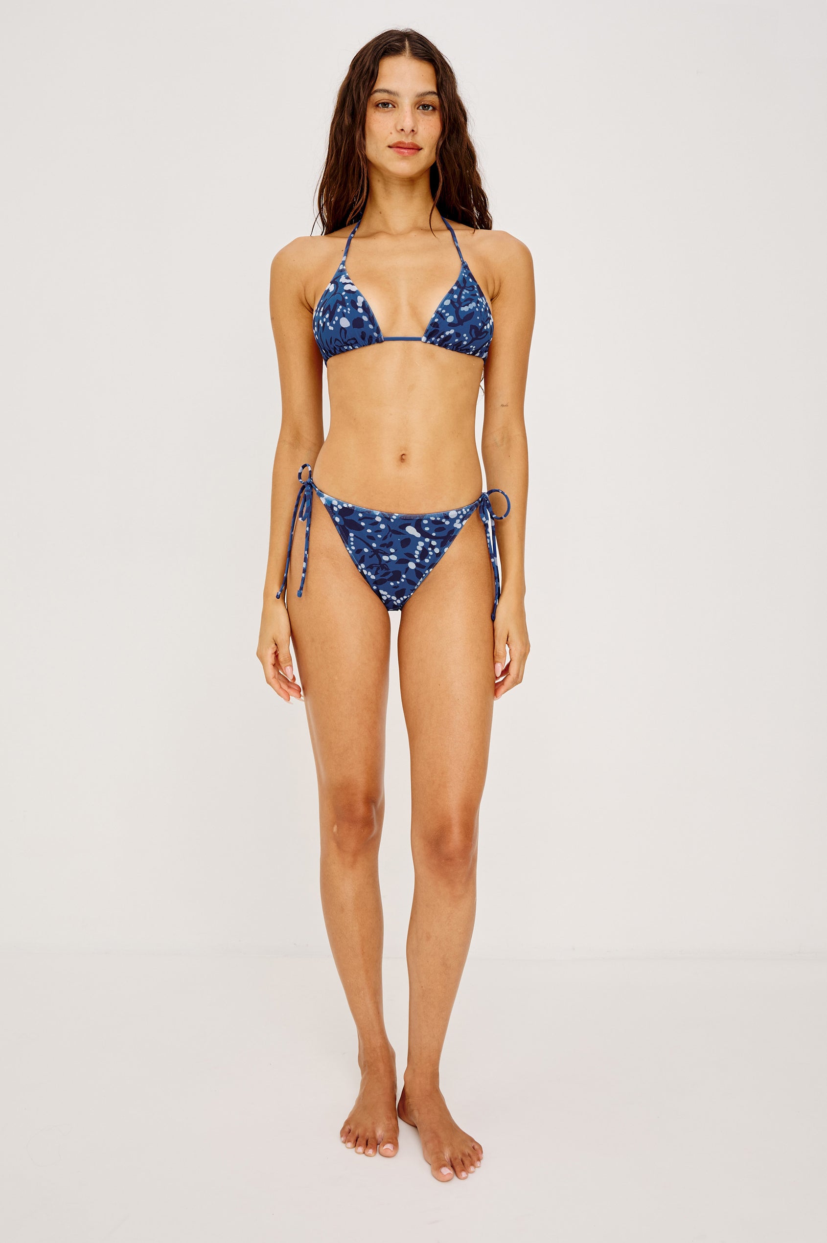 Playa Triangle Bikini Top With Adjustable Halter and Back Ties in Lisboa Colorway - Full Body Front View Featured on Model