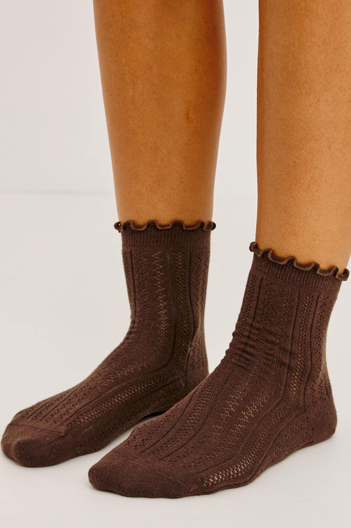 Pointelle Crew Socks in Soft Cotton Blend With Ruffle Trim in Espresso Colorway - Upper Body Front Detail View Featured on Model.