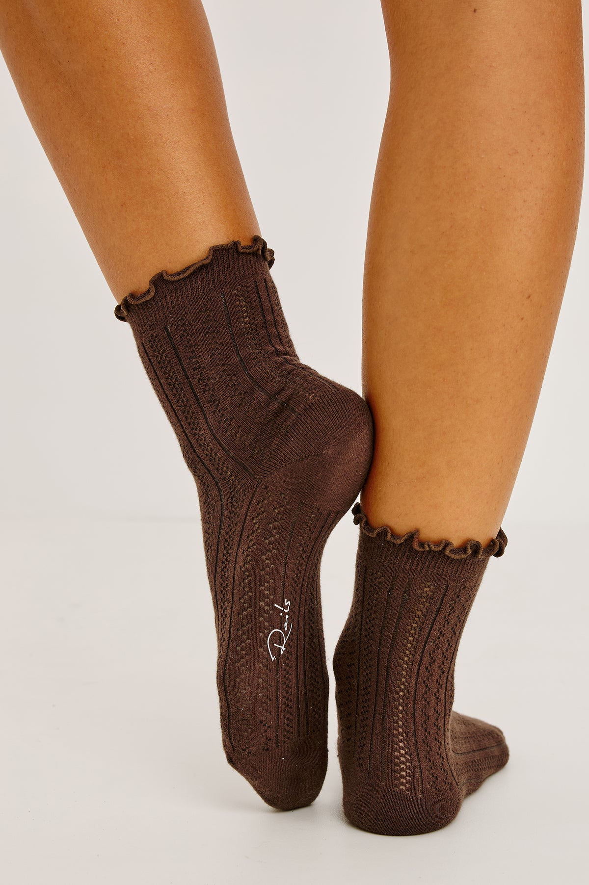 Pointelle Crew Socks in Soft Cotton Blend With Ruffle Trim in Espresso Colorway - Full Body Front View Featured on Model.