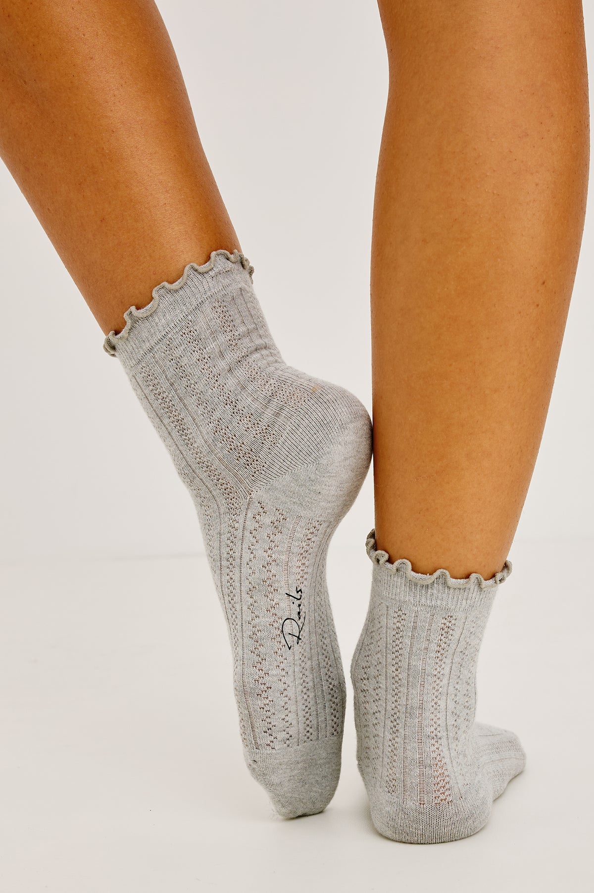 Pointelle Crew Socks in Soft Cotton Blend With Ruffle Trim in Heather Grey Colorway - Full Body Front View Featured on Model.